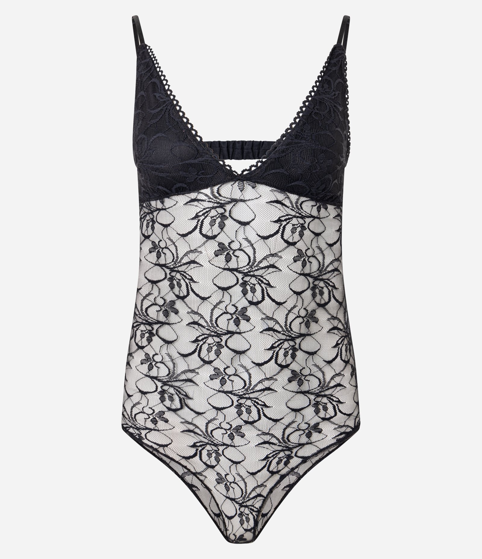 Body em Renda Floral com Tule e Decote em V Preto 1