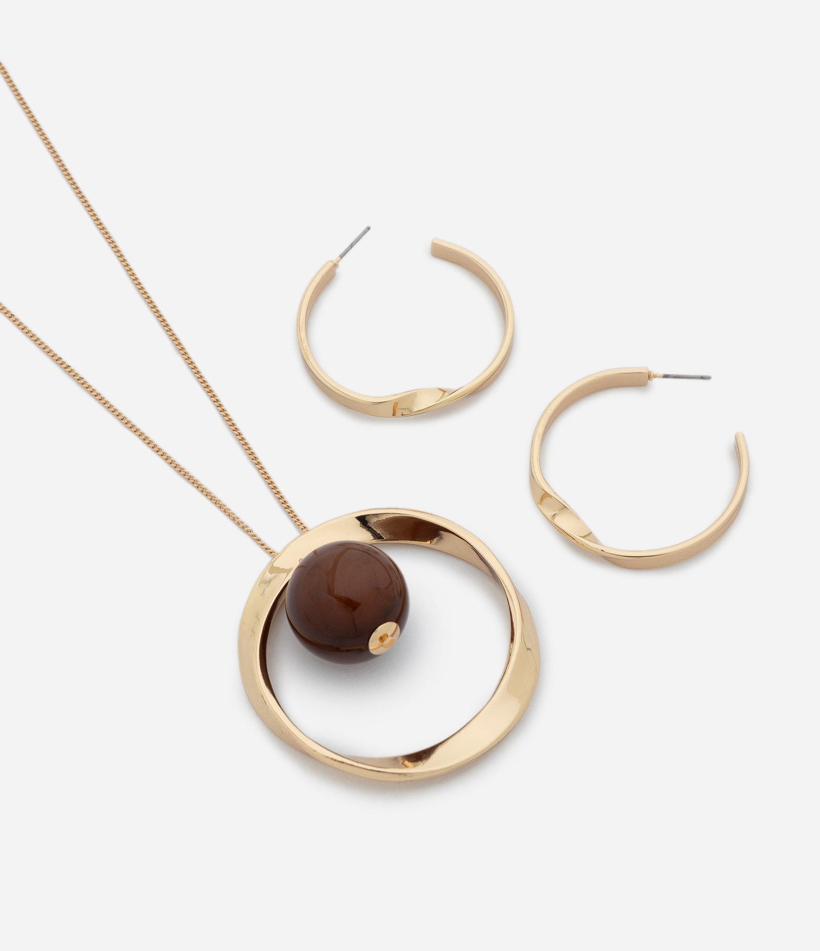 Conjunto de Colar Longo com Resina e Brincos Argola Dourado 1