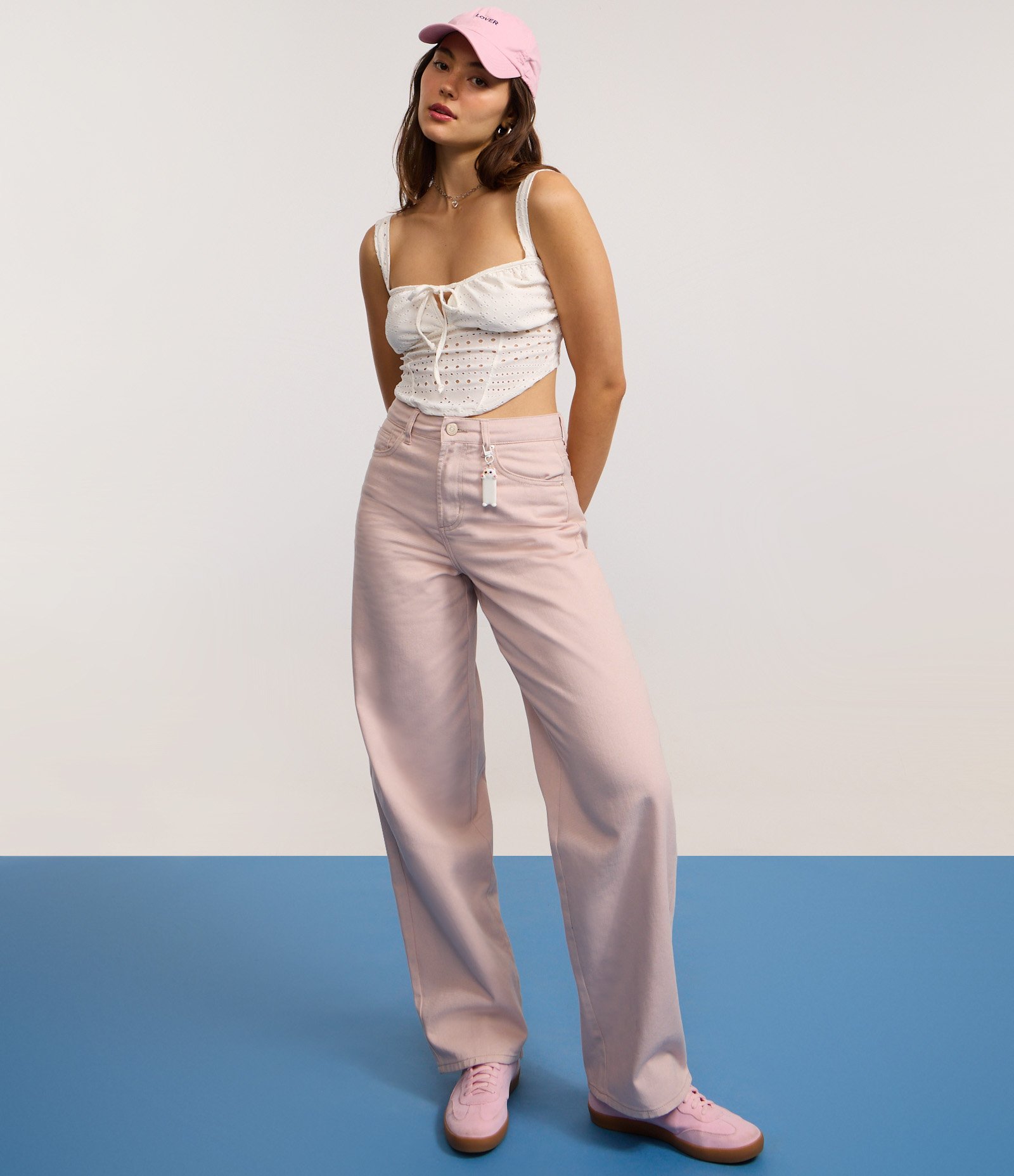 Calça Baggy Cintura Média em Sarja com Bolsos Rosa 6