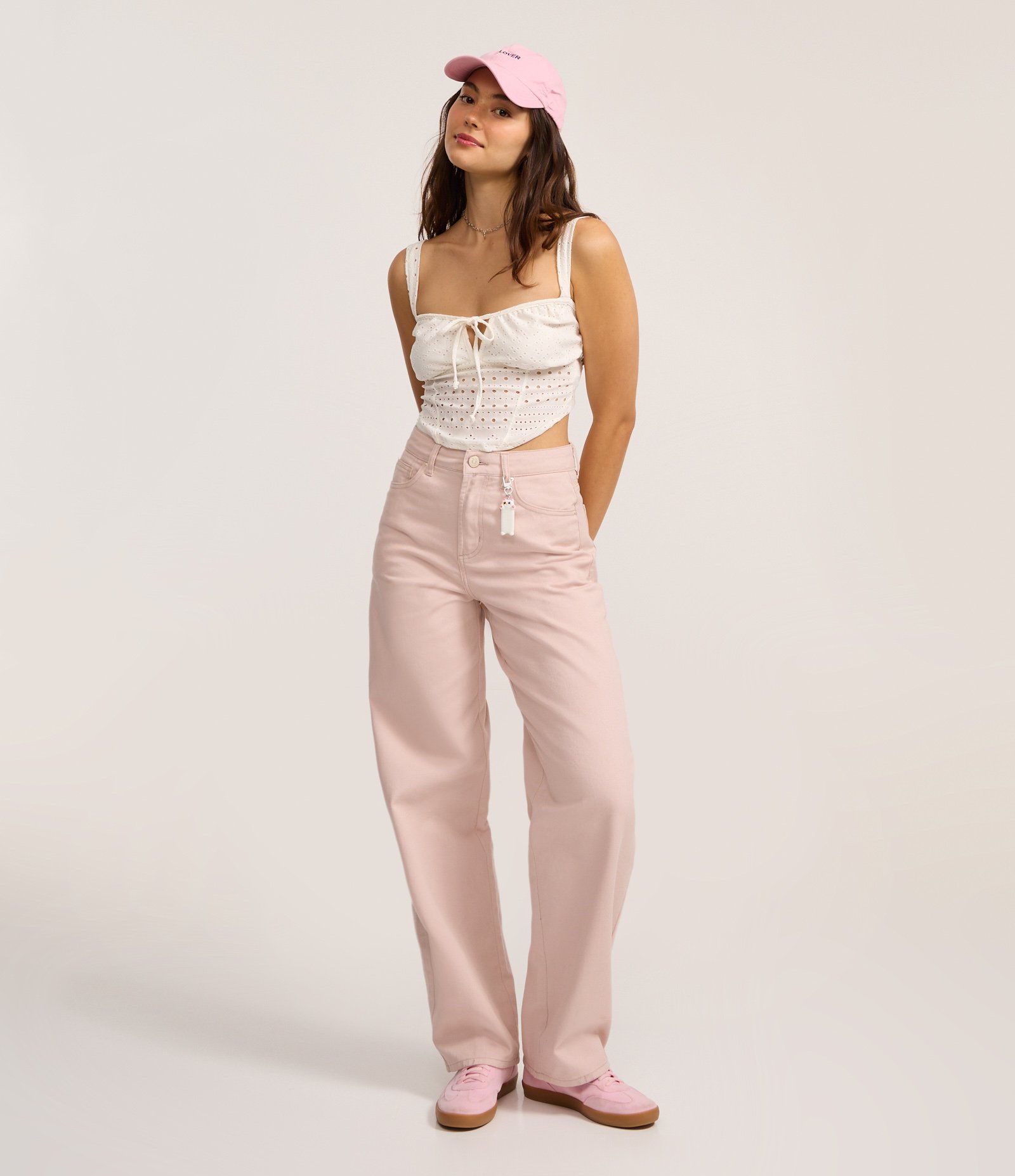 Calça Baggy Cintura Média em Sarja com Bolsos Rosa 1