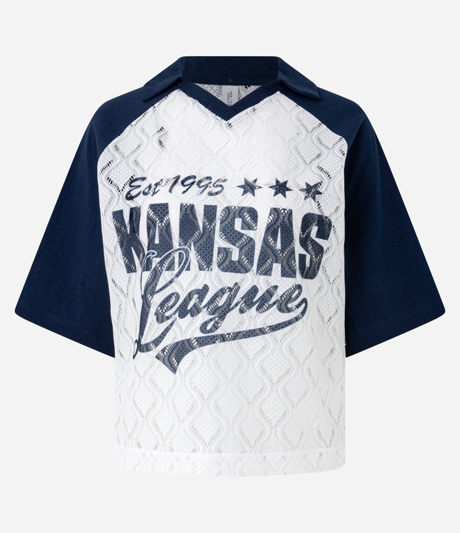Camiseta College em Renda com Cava Rraglan e Estampa Kansas Branco 5