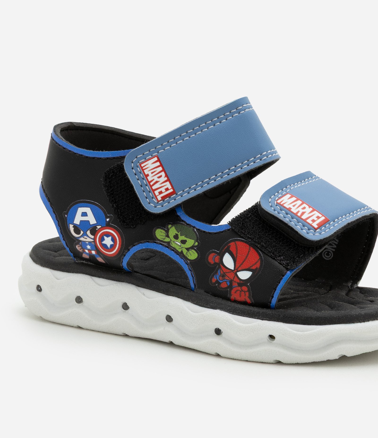 Sandália Infantil com LED e Estampa Mini Heróis Marvel - Tam 21 ao 27 Preto/Azul 4