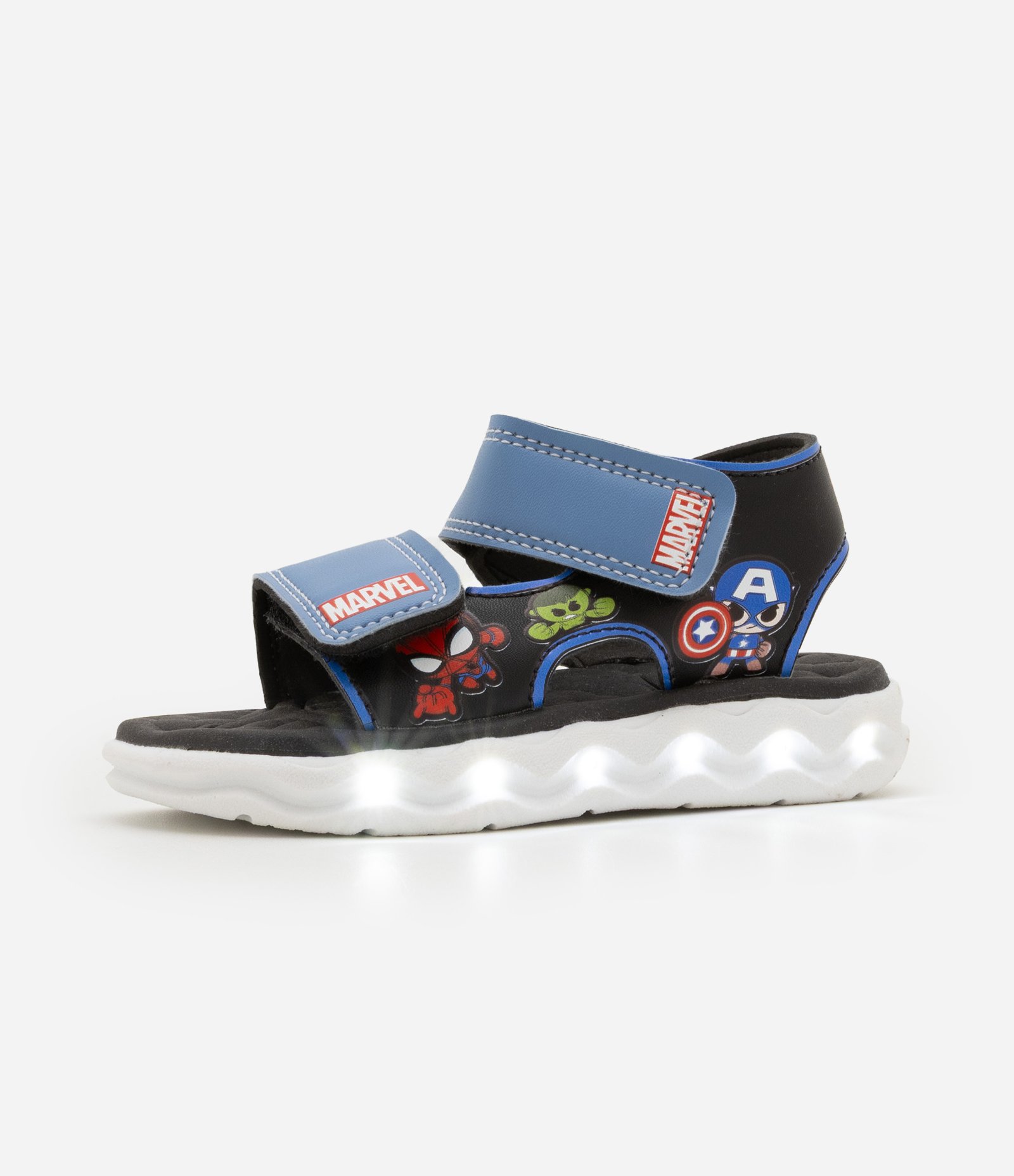 Sandália Infantil com LED e Estampa Mini Heróis Marvel - Tam 21 ao 27 Preto/Azul 6