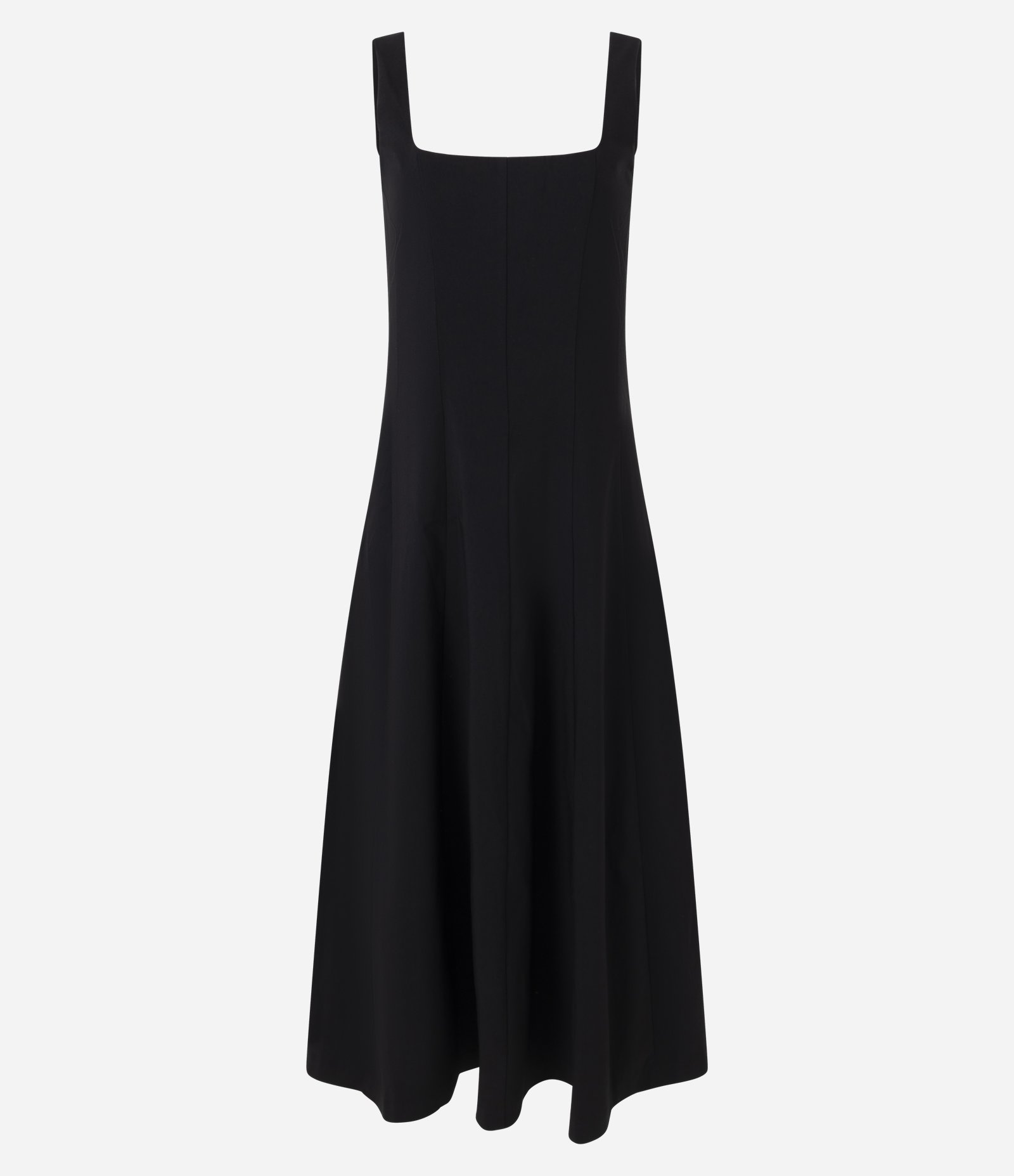 Vestido Evasê Midi em Bengaline com Decote Quadrado e Recortes Preto 1