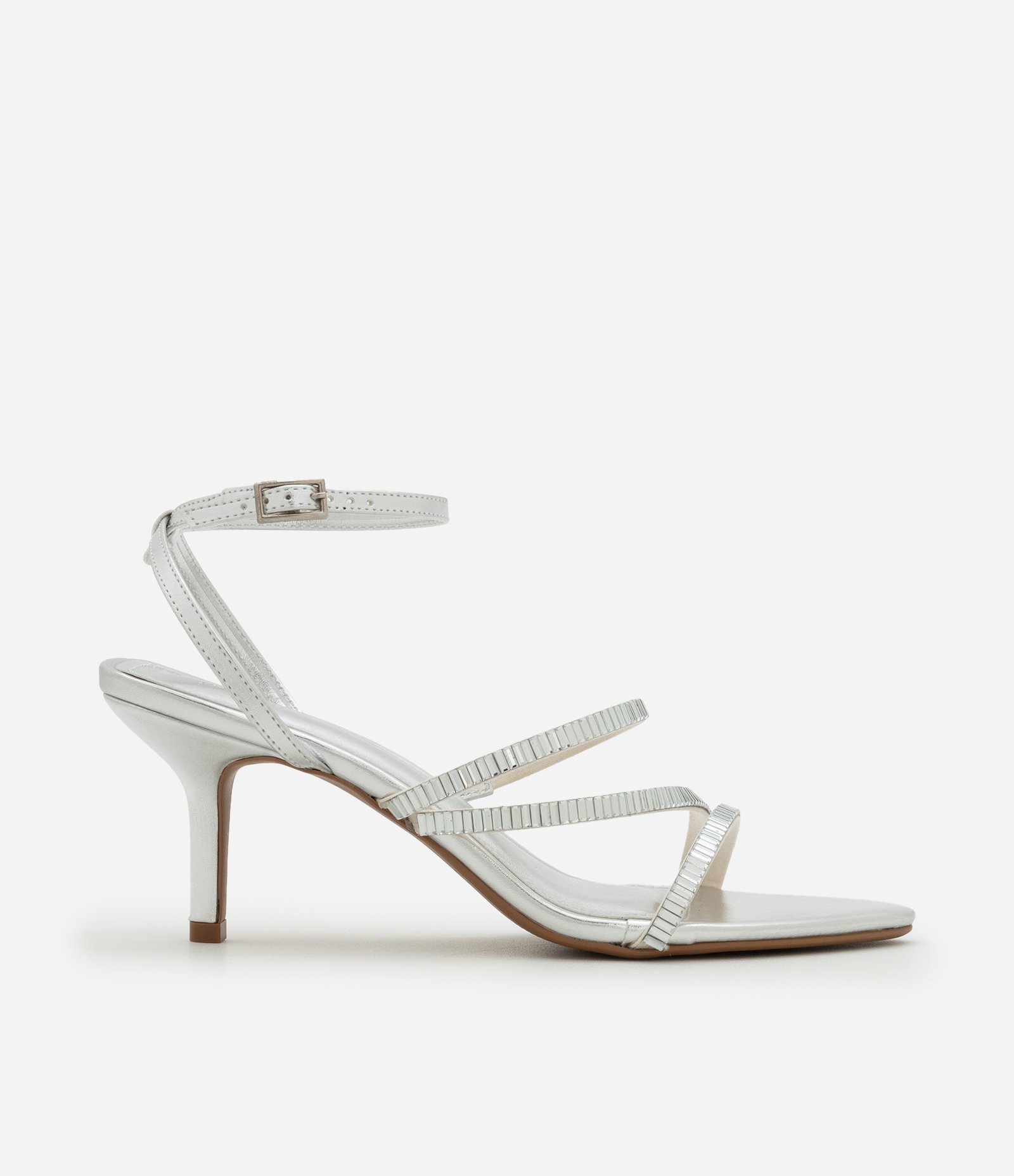 Sandália com Bico Fino e Tiras com Plaquinhas Espelhadas Prata 1