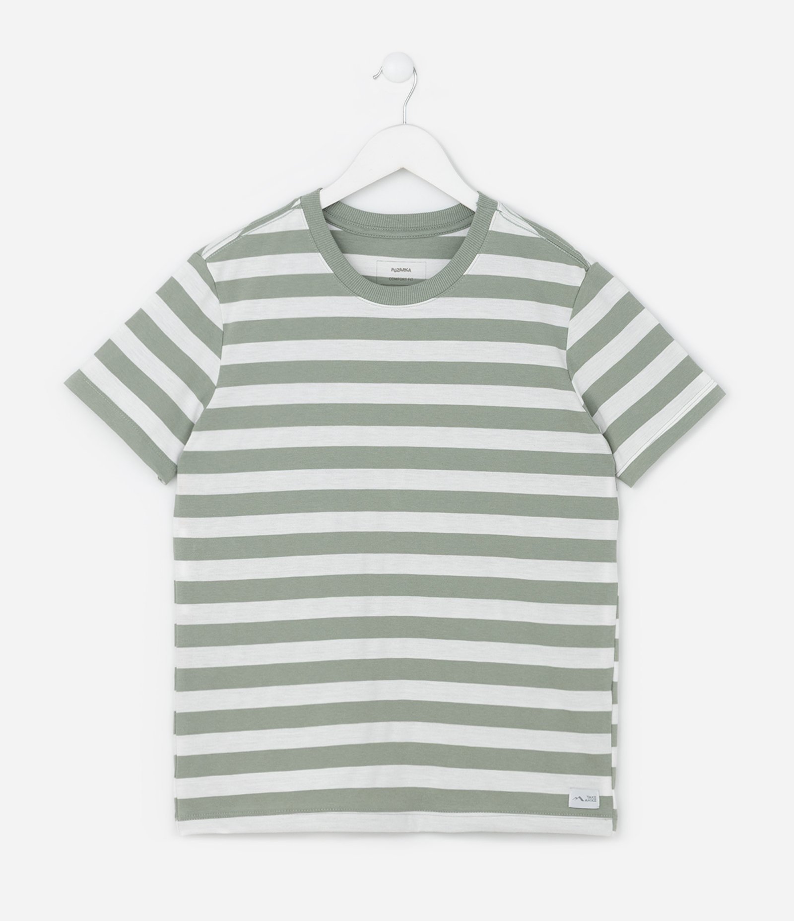 Camiseta Infantil Comfort com Estampa de Listras - Tam 5 a 14 Anos Verde/Branco 1