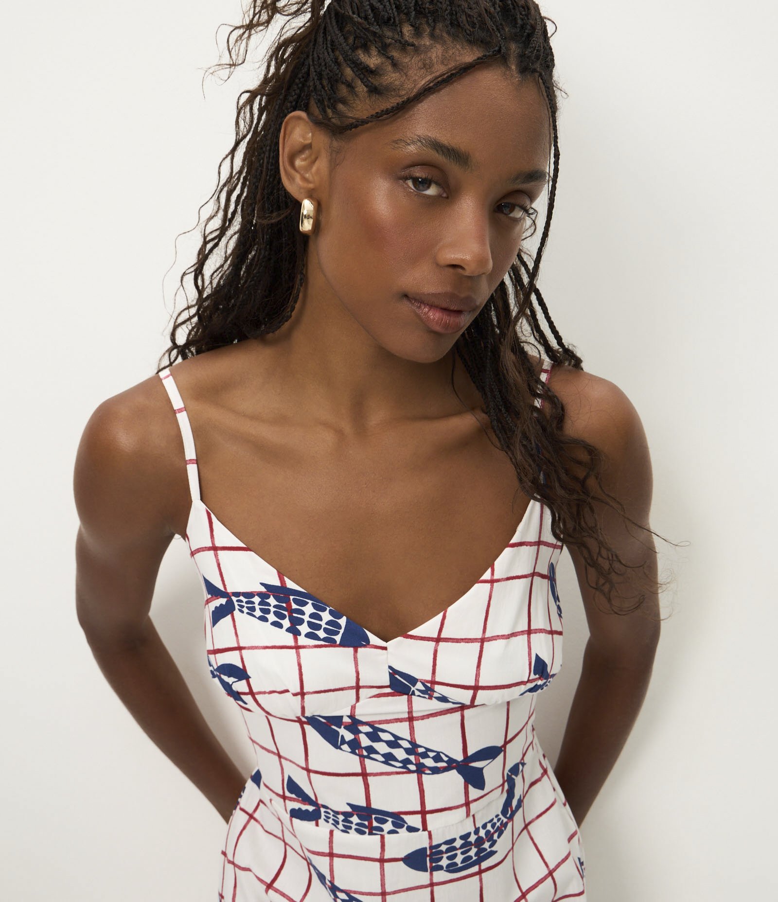 Vestido Midi com Alças Finas e Estampa de Peixes Branco 4