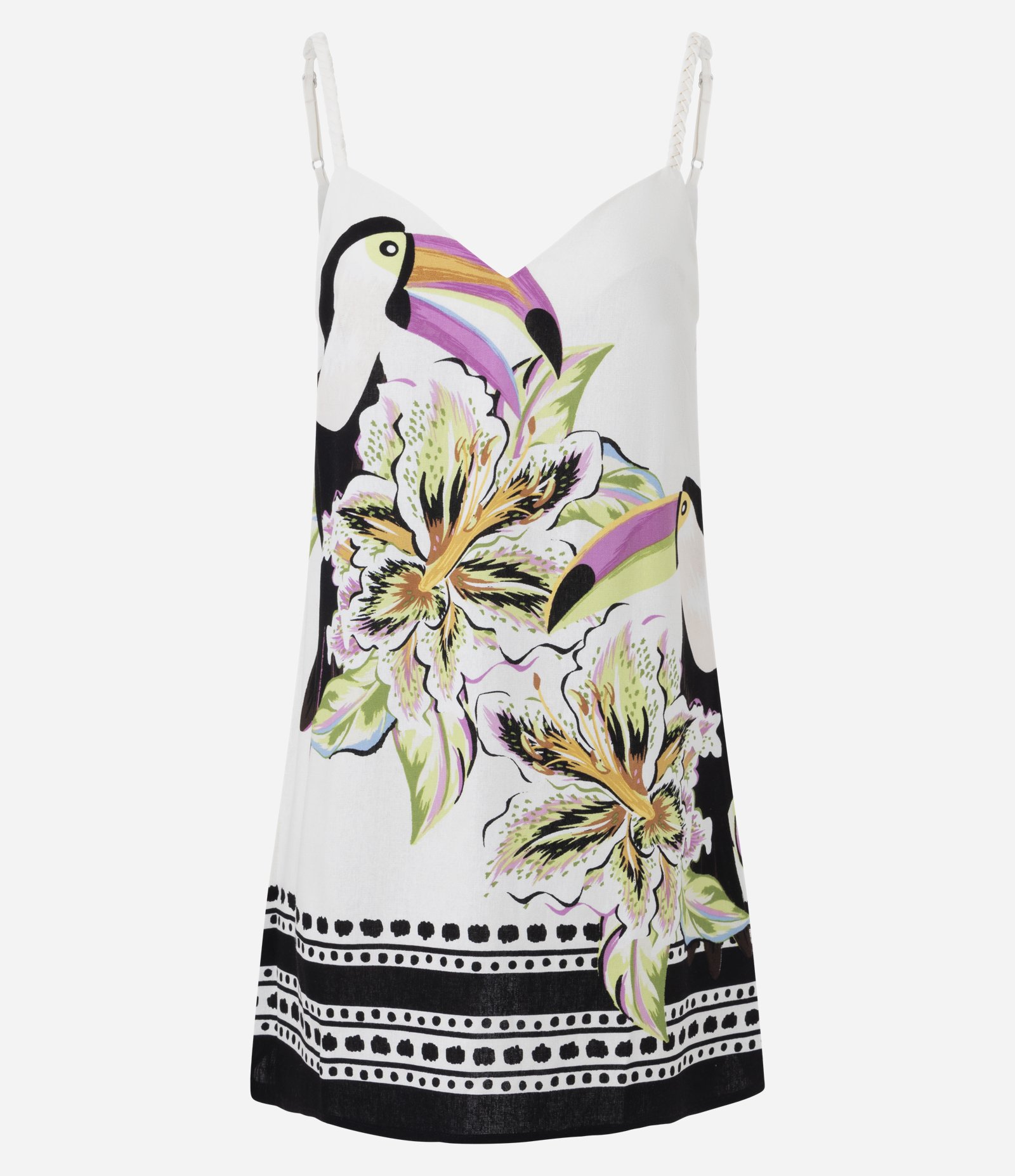 Vestido Curto em Viscolinho com Alcinhas e Estampa de Tucano Branco 1