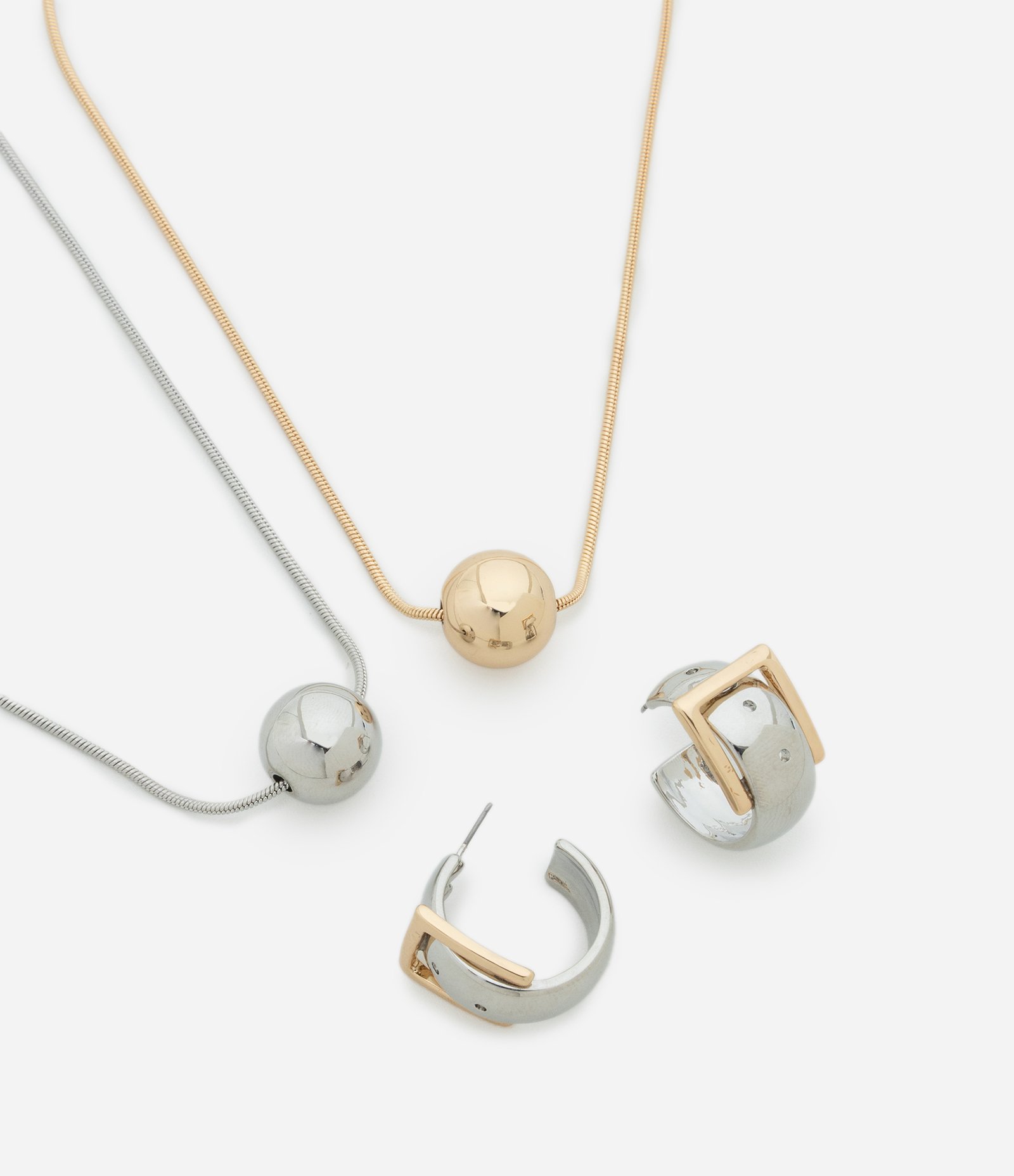 Conjunto de Colar Camadas com Esferas e Brinco Argola Bicolor Prata/Dourado 1