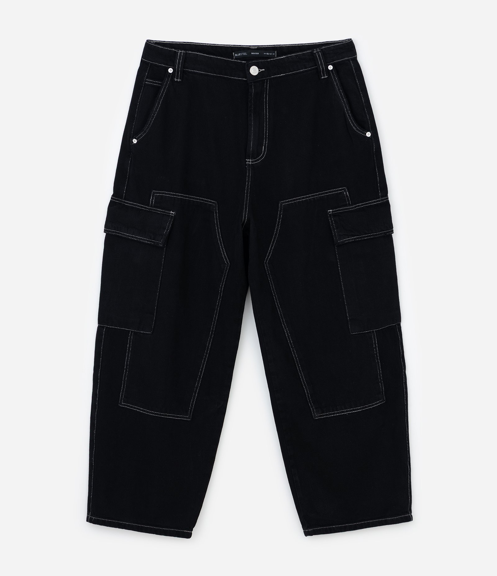Calça Skater em Jeans com Bolso Cargo e Recortes Preto 1