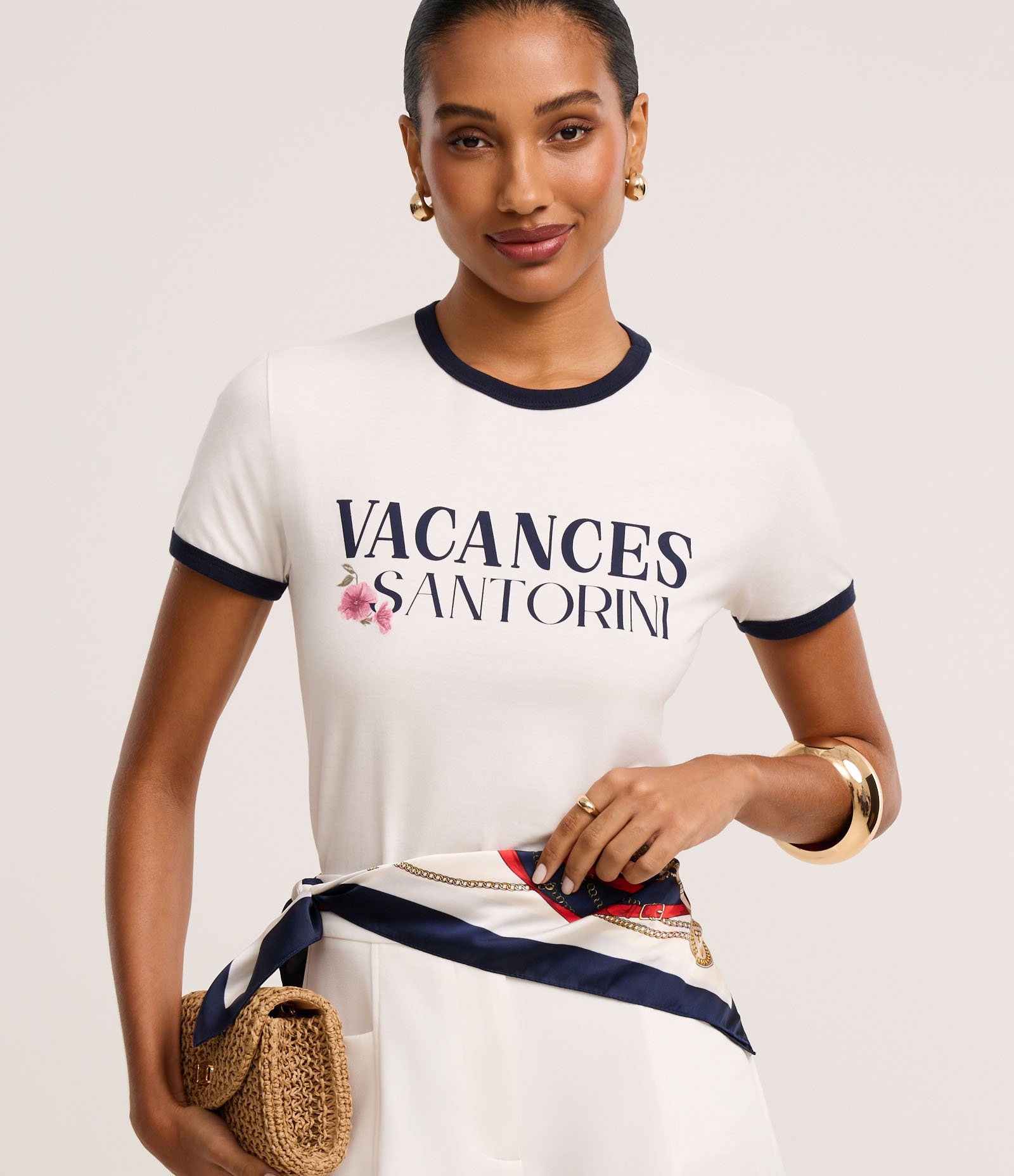 Blusa Baby Look em Algodão com Estampa Vacances Santorini Branco 1