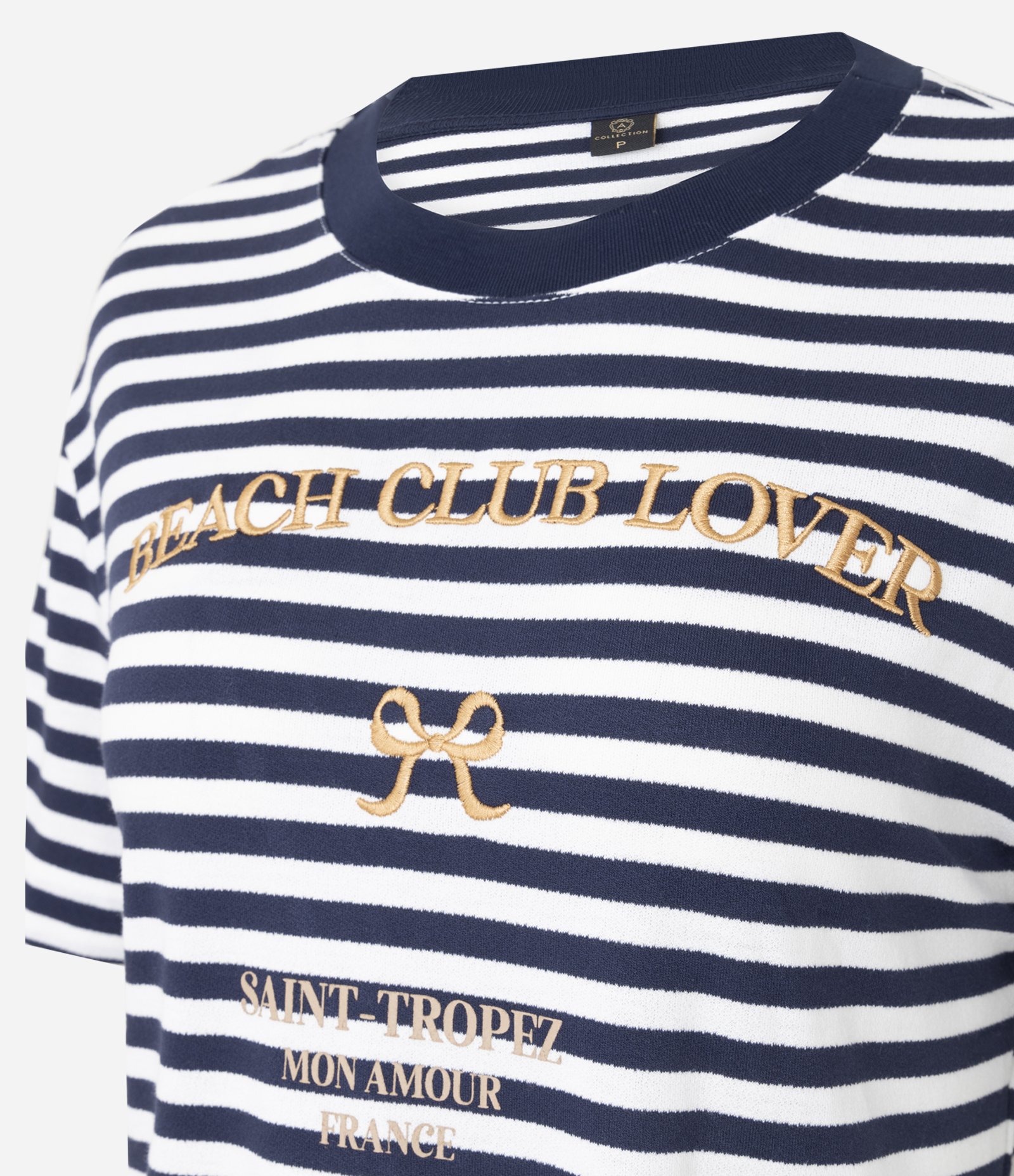 Blusa Slim em Algodão com Listras e Bordado Beach Club Azul/Branco 7