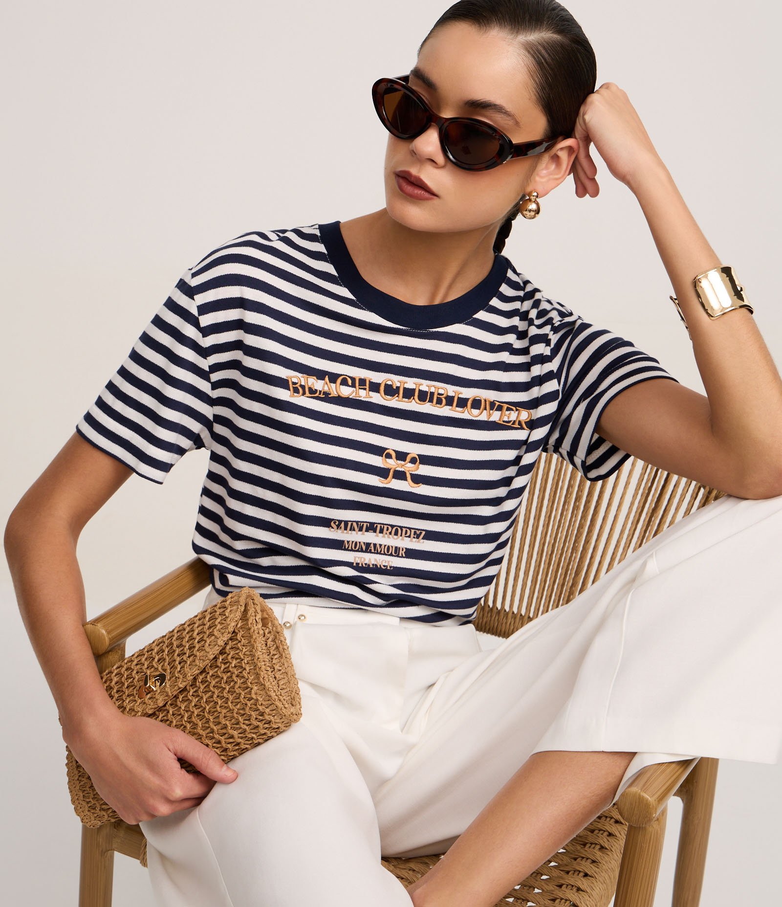 Blusa Slim em Algodão com Listras e Bordado Beach Club Azul/Branco 1