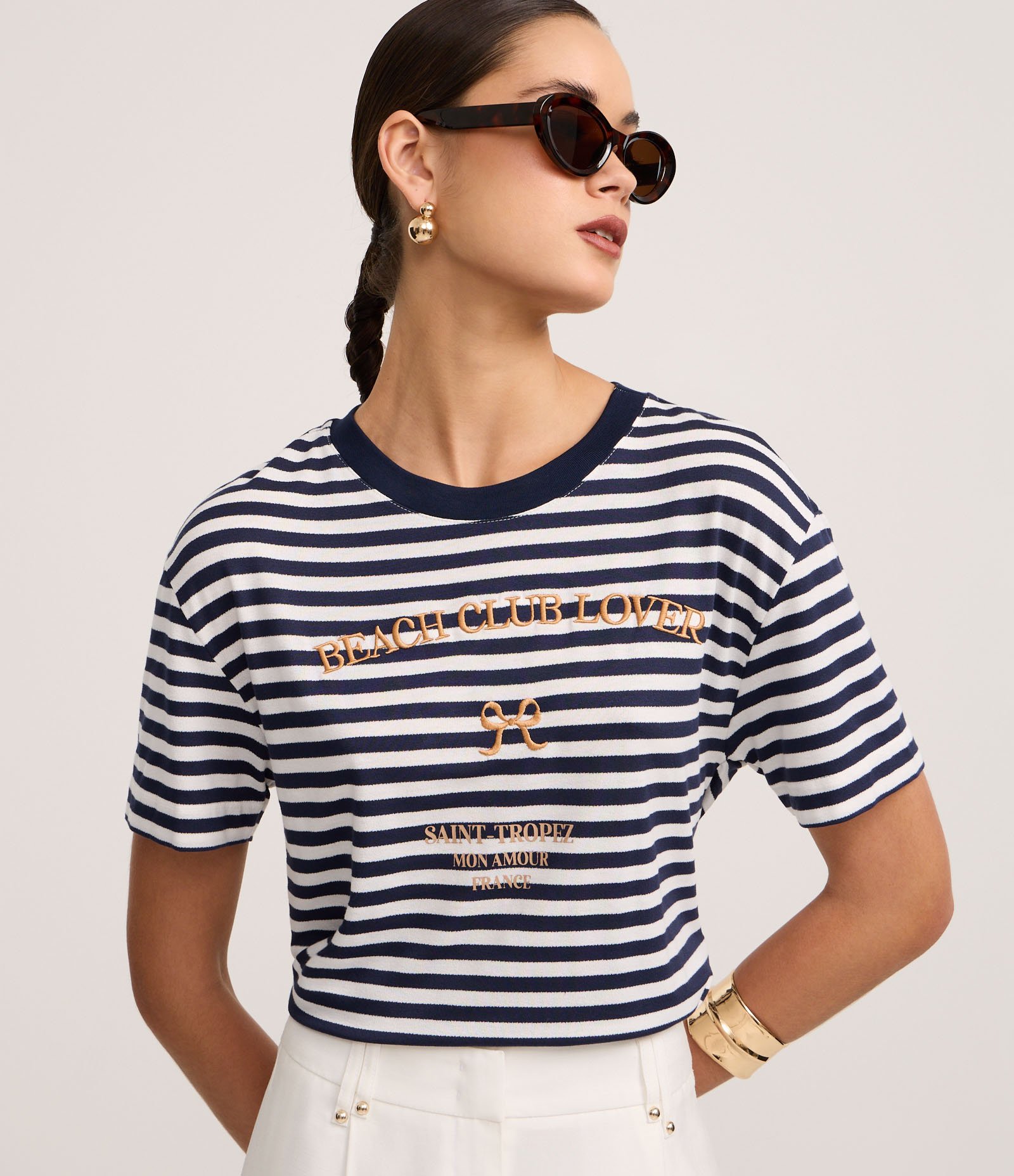 Blusa Slim em Algodão com Listras e Bordado Beach Club Azul/Branco 2