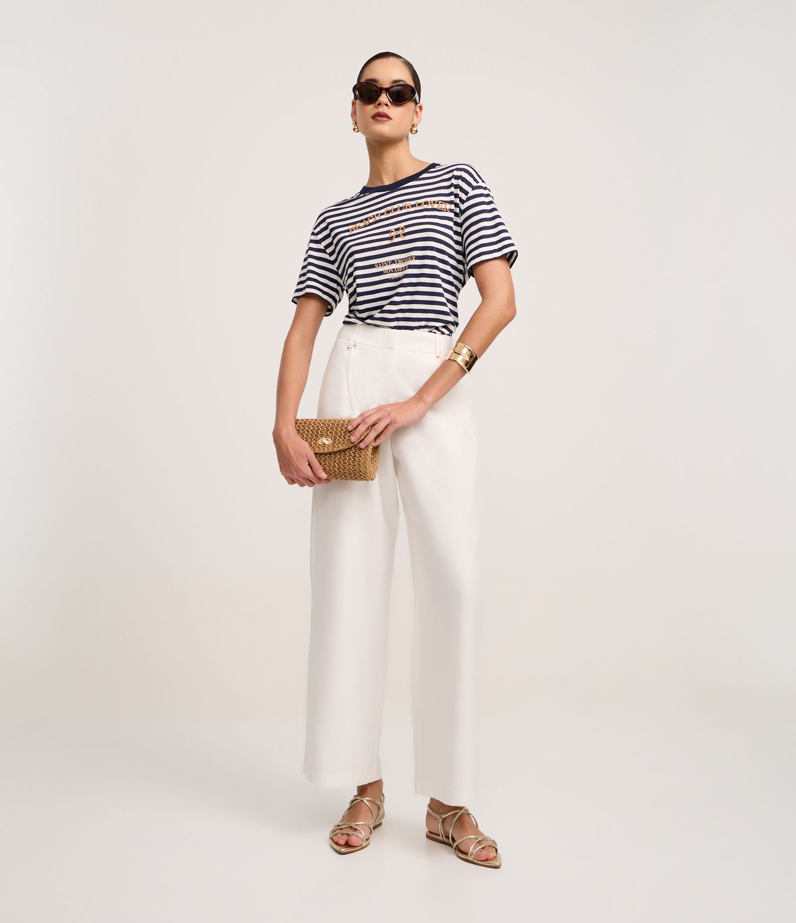 Blusa Slim em Algodão com Listras e Bordado Beach Club Azul/Branco 3