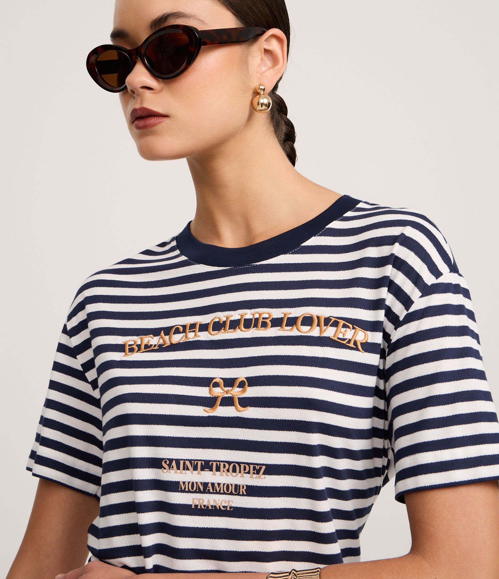 Blusa Slim em Algodão com Listras e Bordado Beach Club Azul/Branco 4