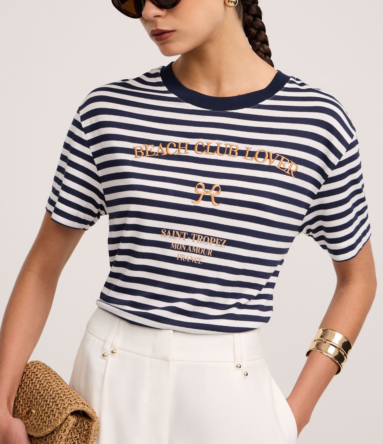 Blusa Slim em Algodão com Listras e Bordado Beach Club Azul/Branco 5
