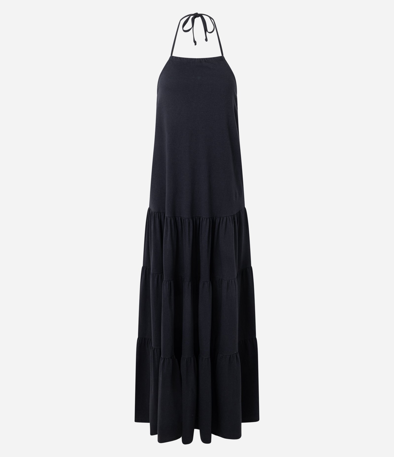 Vestido Longo Evasê com Decote Halter e Babados Preto 6