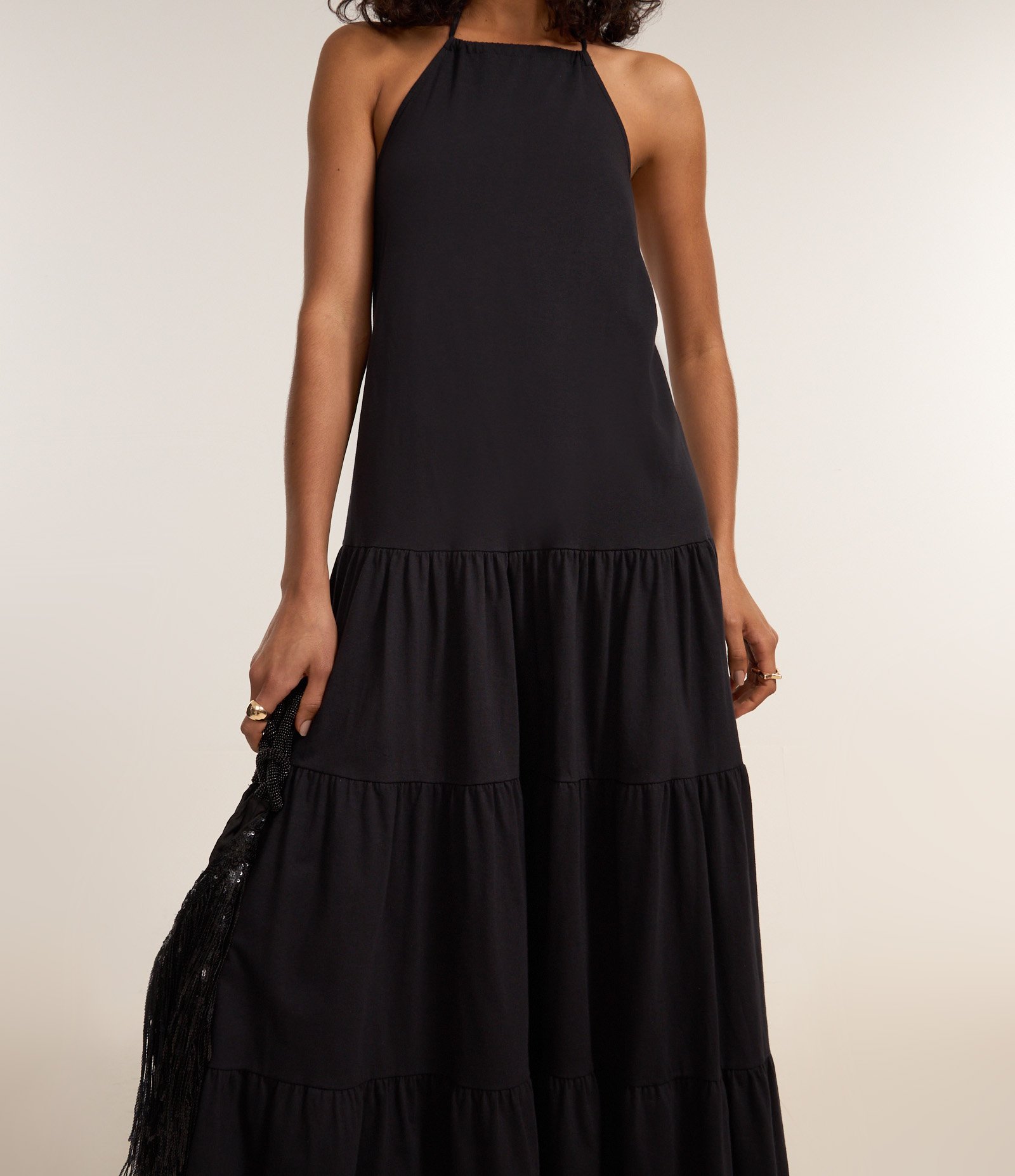 Vestido Longo Evasê com Decote Halter e Babados Preto 3