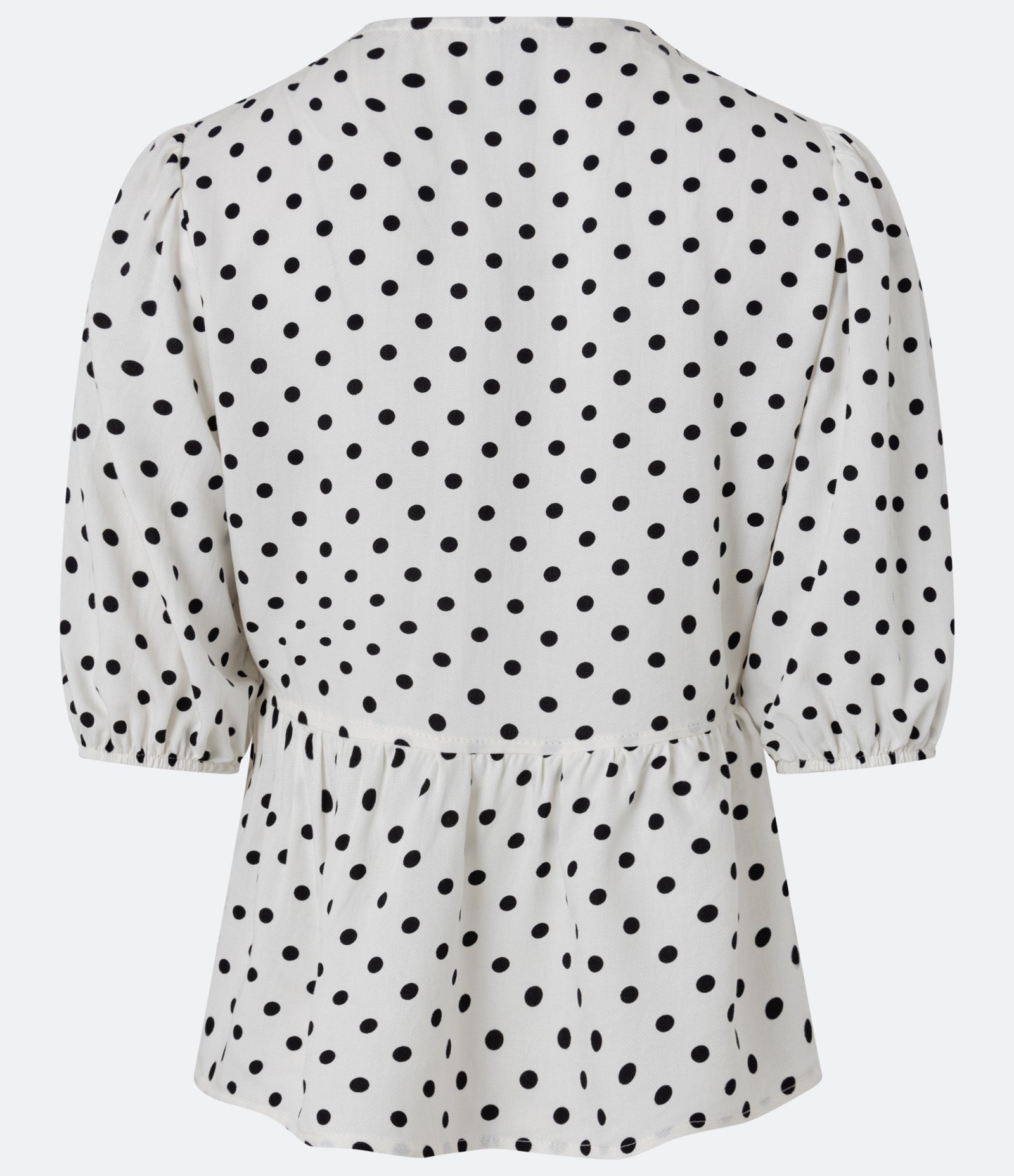 Camisa Peplum Alfaiatada com Manga Bufante e Estampa Poá Off White 5