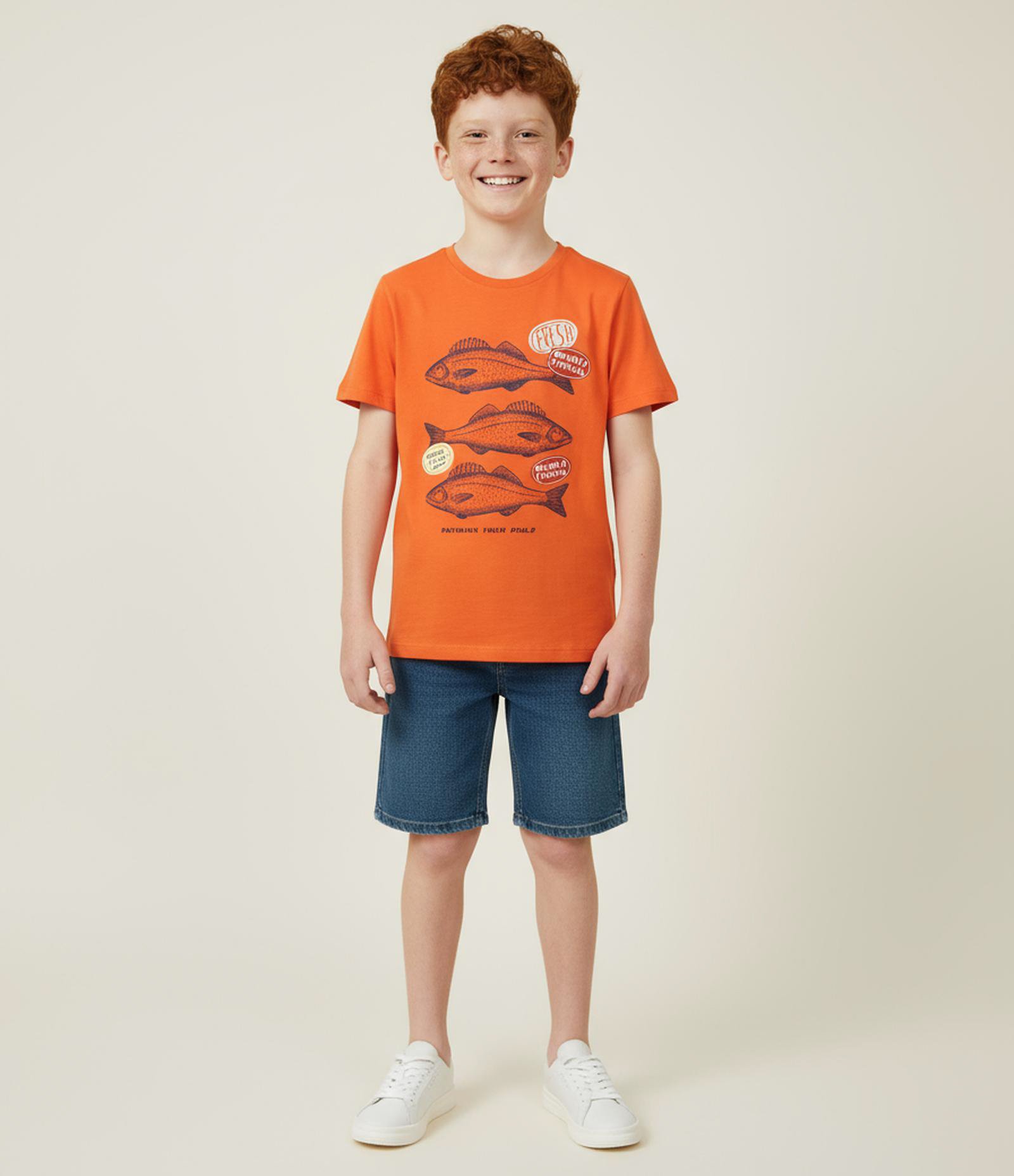 Camiseta Infantil Regular com Estampa de Peixes - Tam 5 a 14 Anos Laranja 1