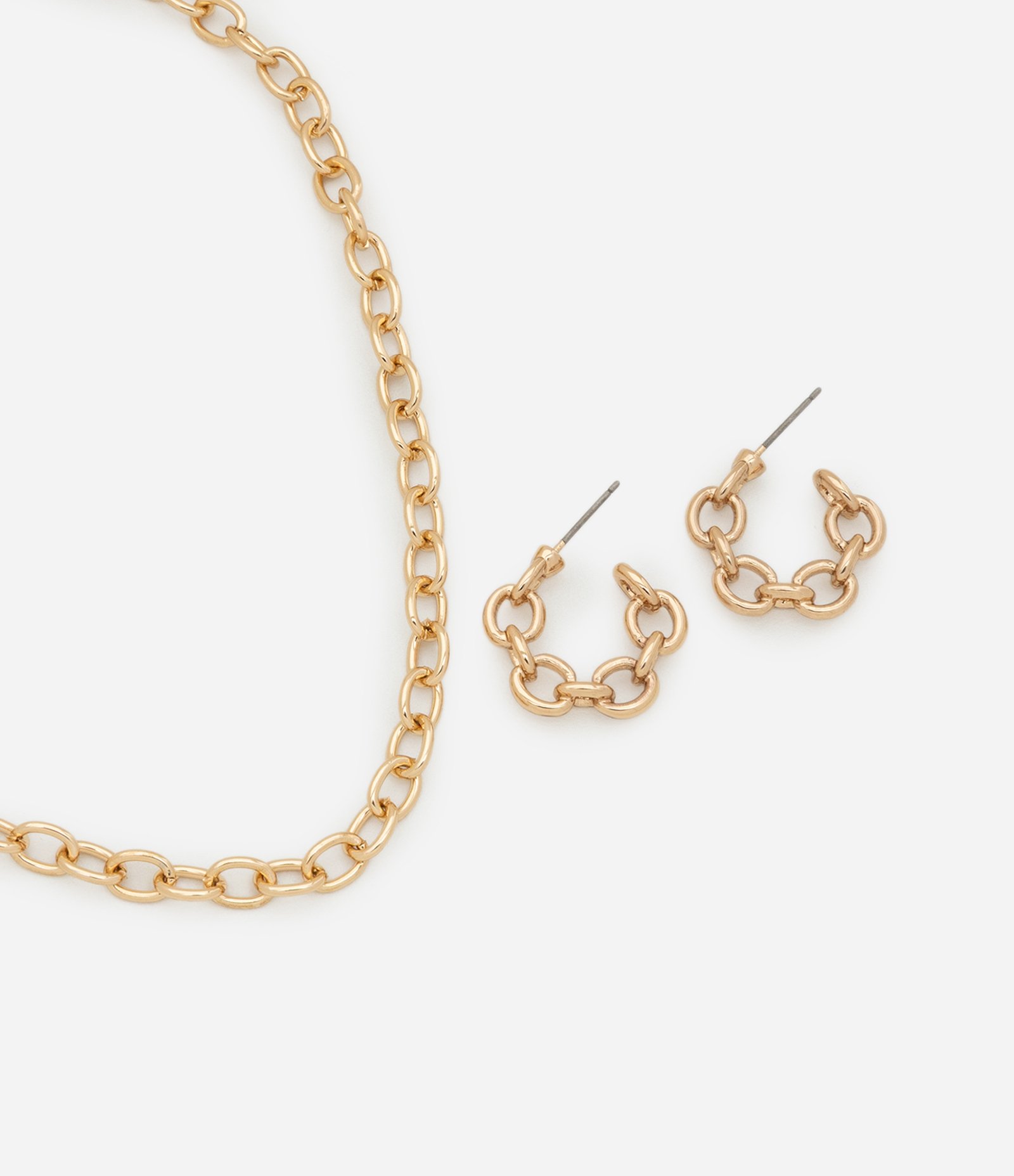 Conjunto Colar com Corrente de Elos e Brinco Argola de Elos Dourado 1