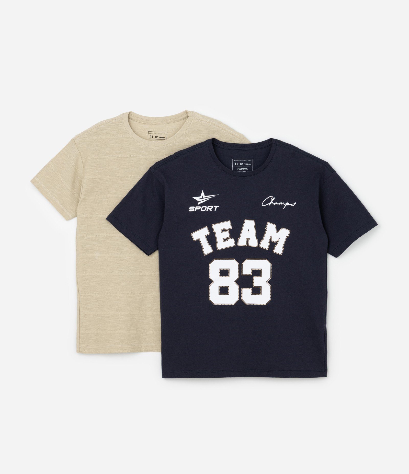 Kit 02 Camisetas Infantis com Lettering Team 86 - Tam 5 a 14 Anos Azul/Bege 1