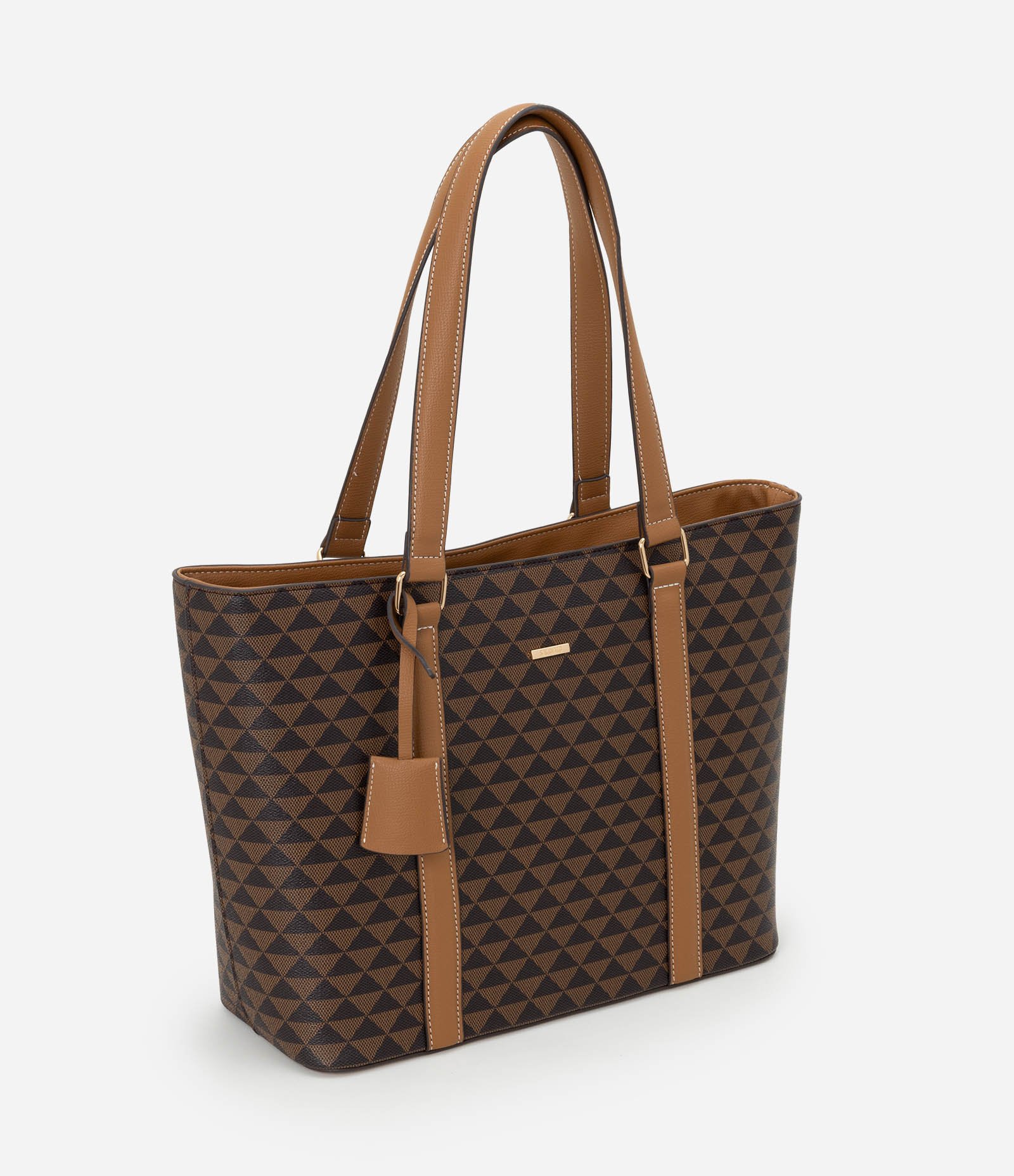 Bolsa Shopper em PU com Estampa de Triângulo Marrom 1