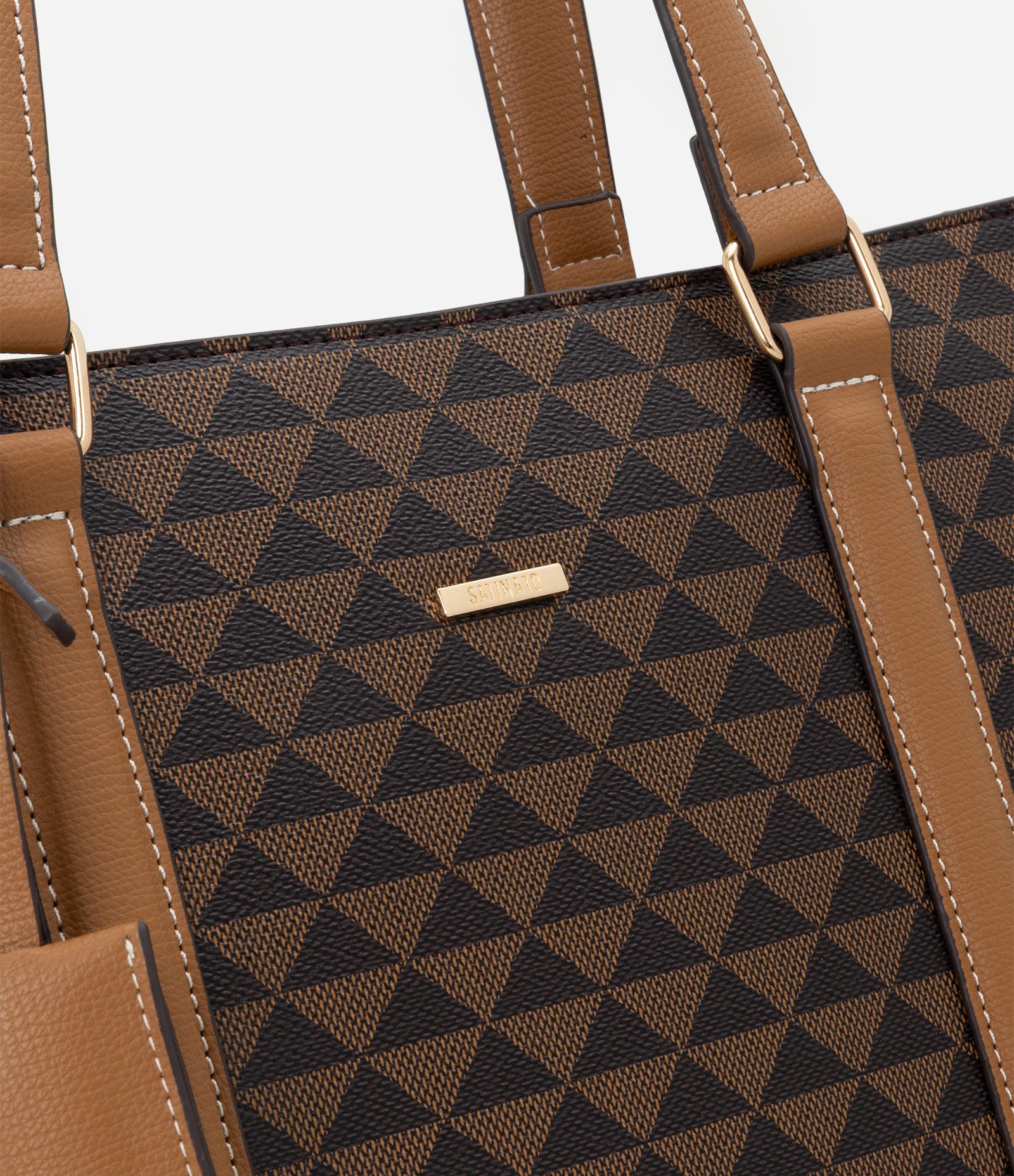 Bolsa Shopper em PU com Estampa de Triângulo Marrom 2