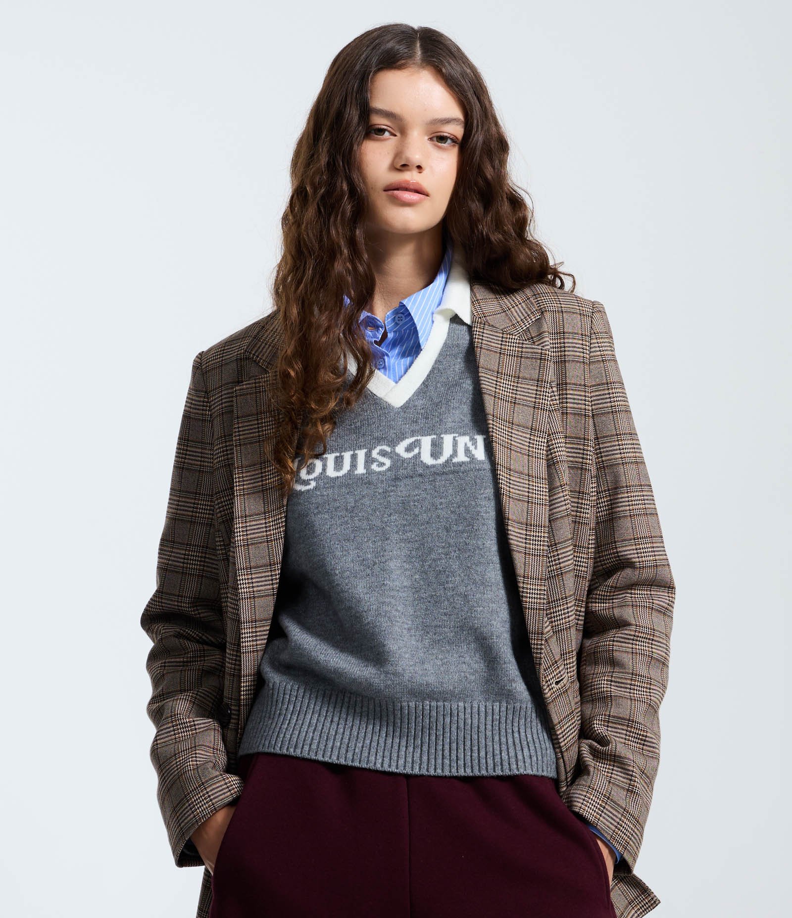 Blazer Alongado em Alfaiataria Xadrez Marrom 1