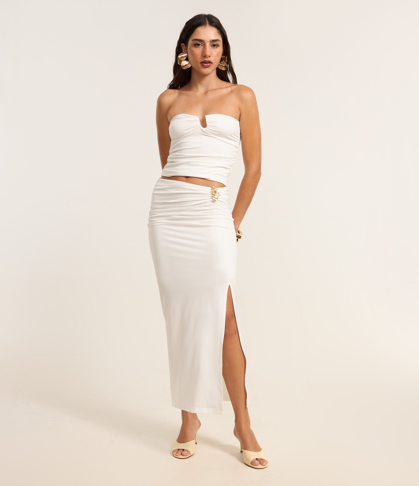 Saia New Midi com Aviamento Frontal e Fenda Branco 1