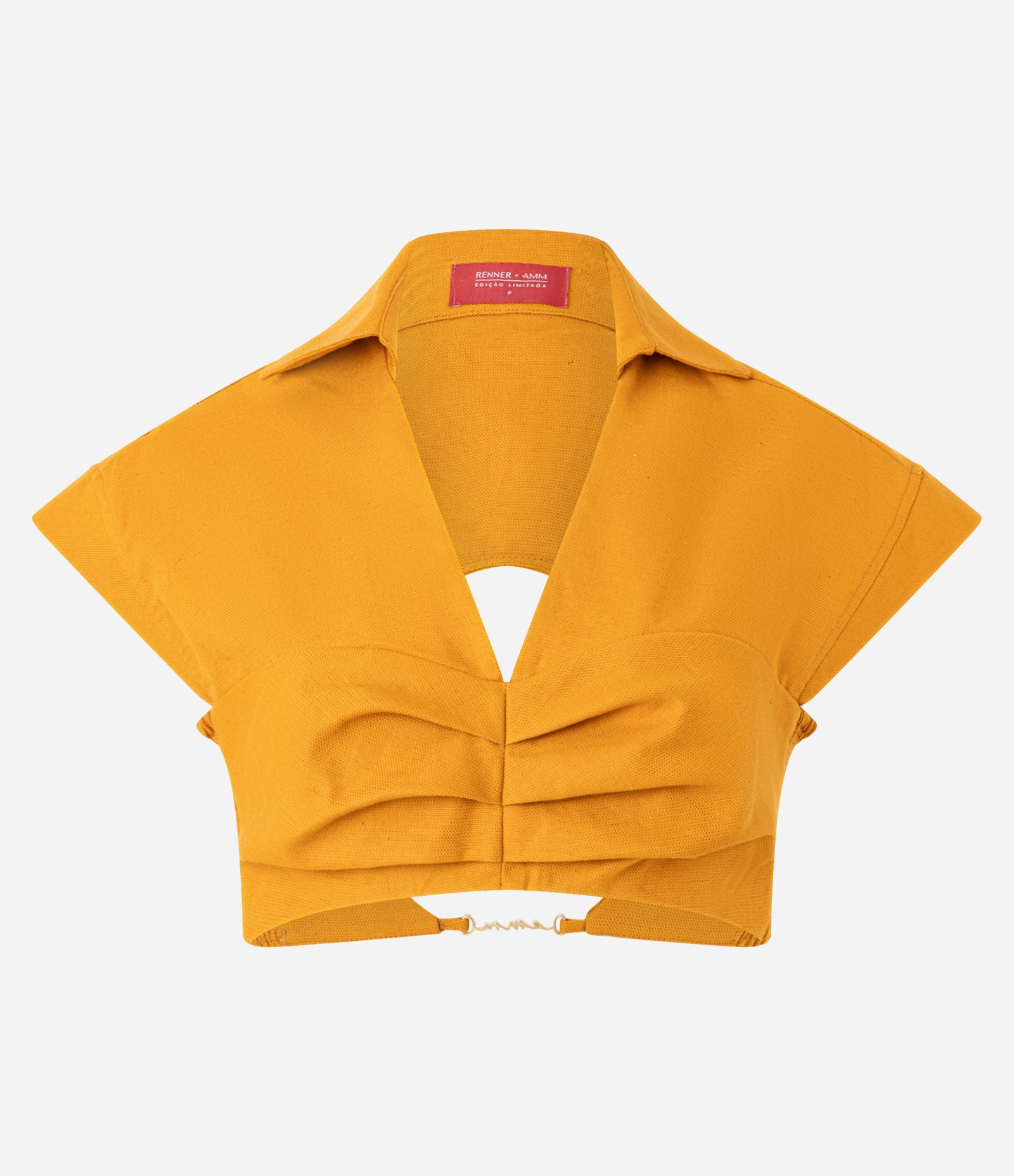 Camisa Cropped em Algodão com Linho e Pregas no Busto Amarelo 6