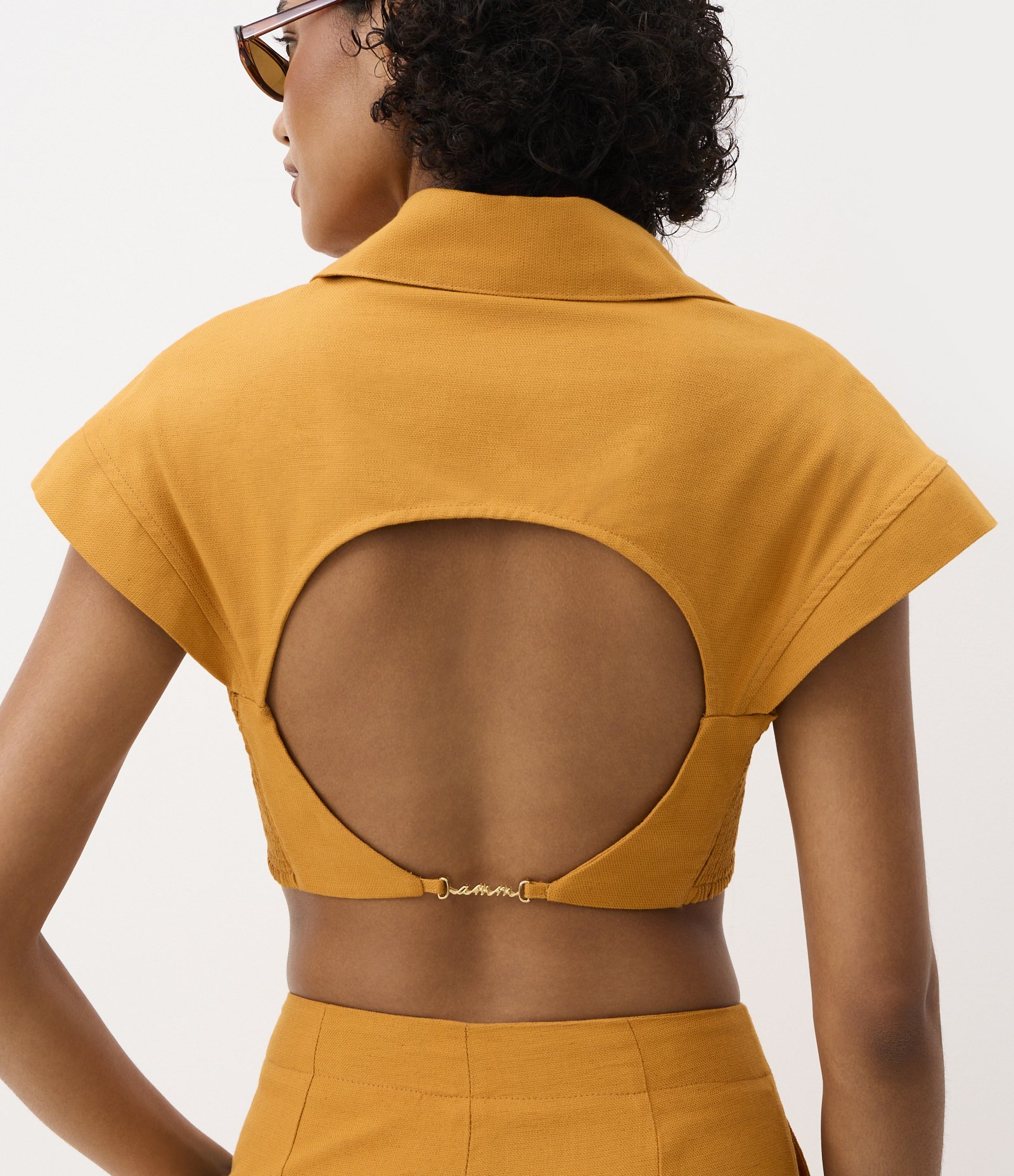 Camisa Cropped em Algodão com Linho e Pregas no Busto Amarelo 5