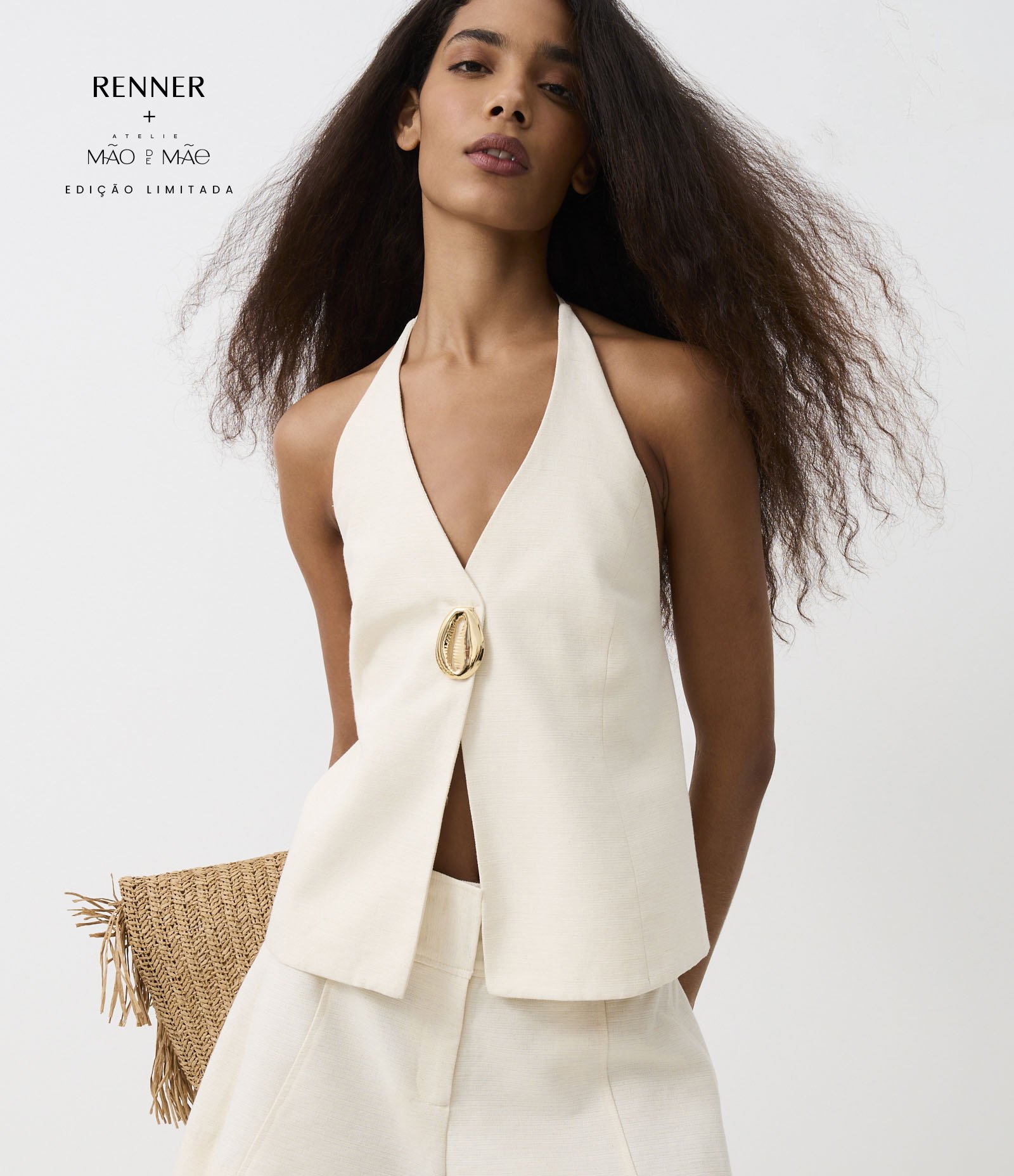 Blusa Frente Única em Algodão com Linho e Búzio de Metal Off White 1