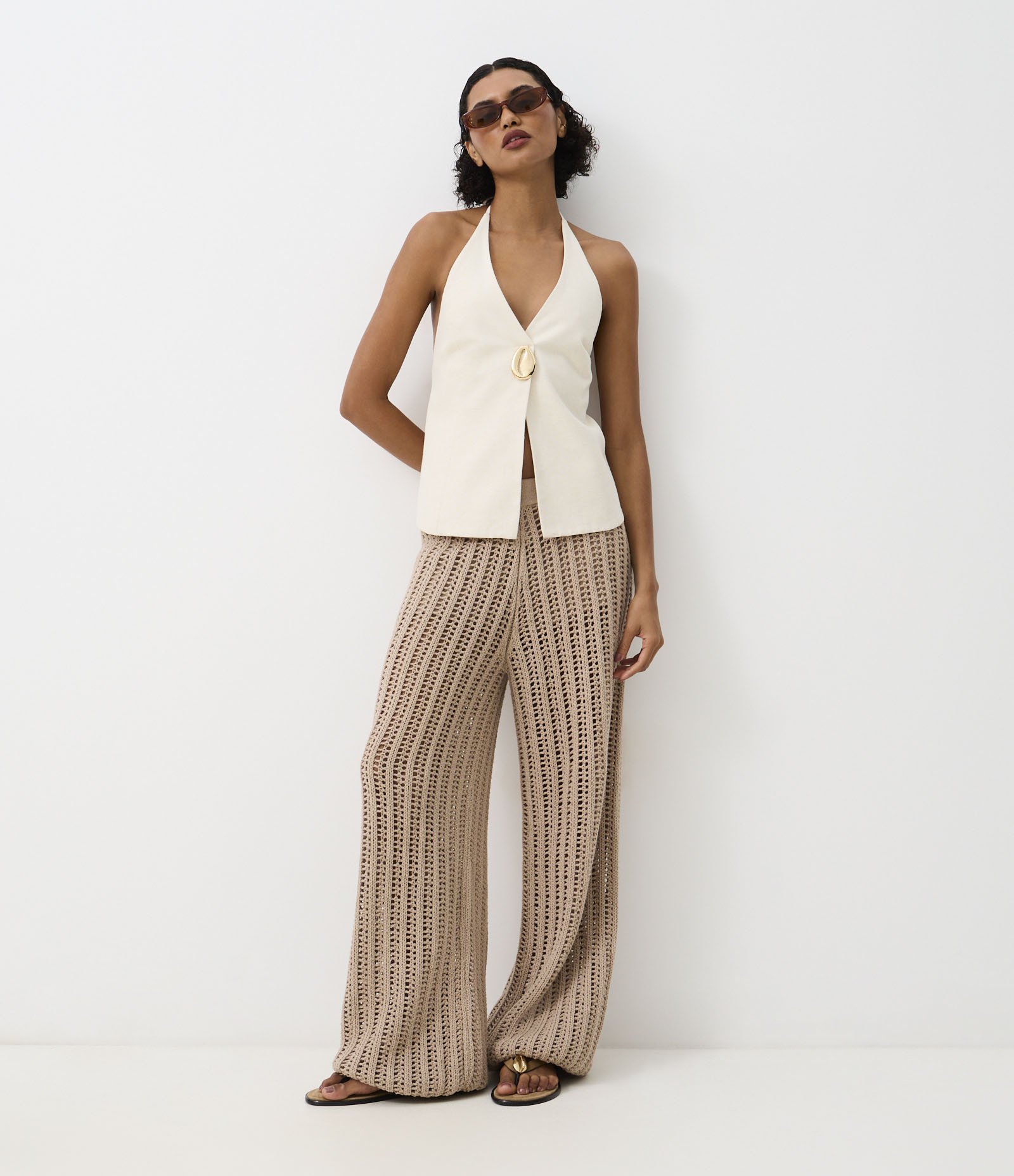 Blusa Frente Única em Algodão com Linho e Búzio de Metal Off White 5