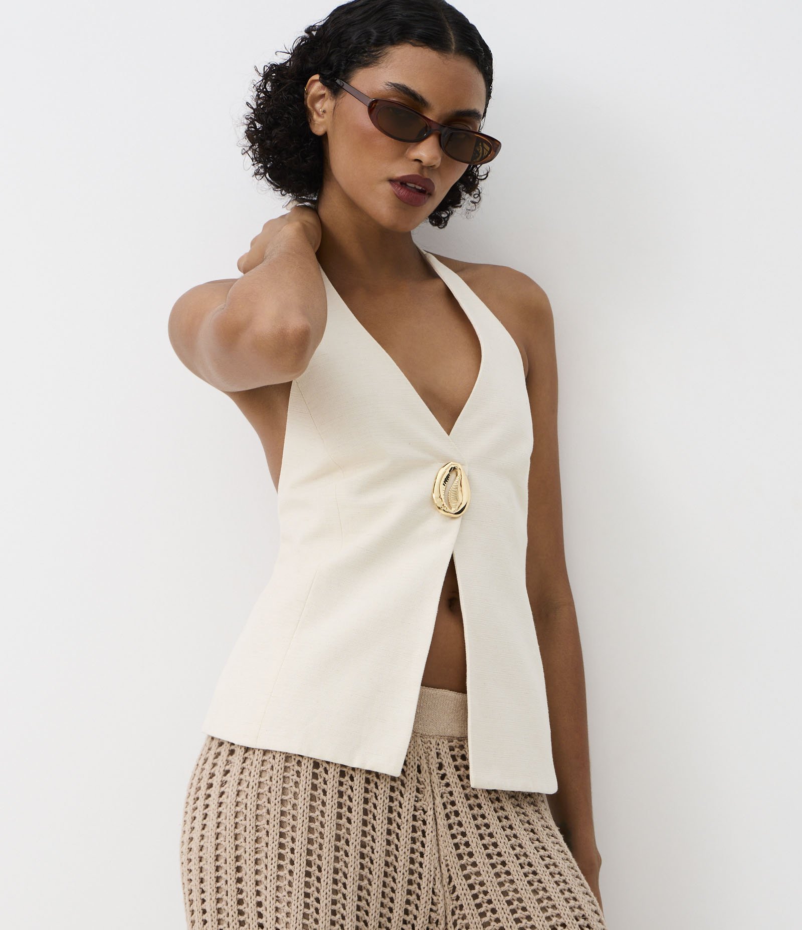 Blusa Frente Única em Algodão com Linho e Búzio de Metal Off White 6