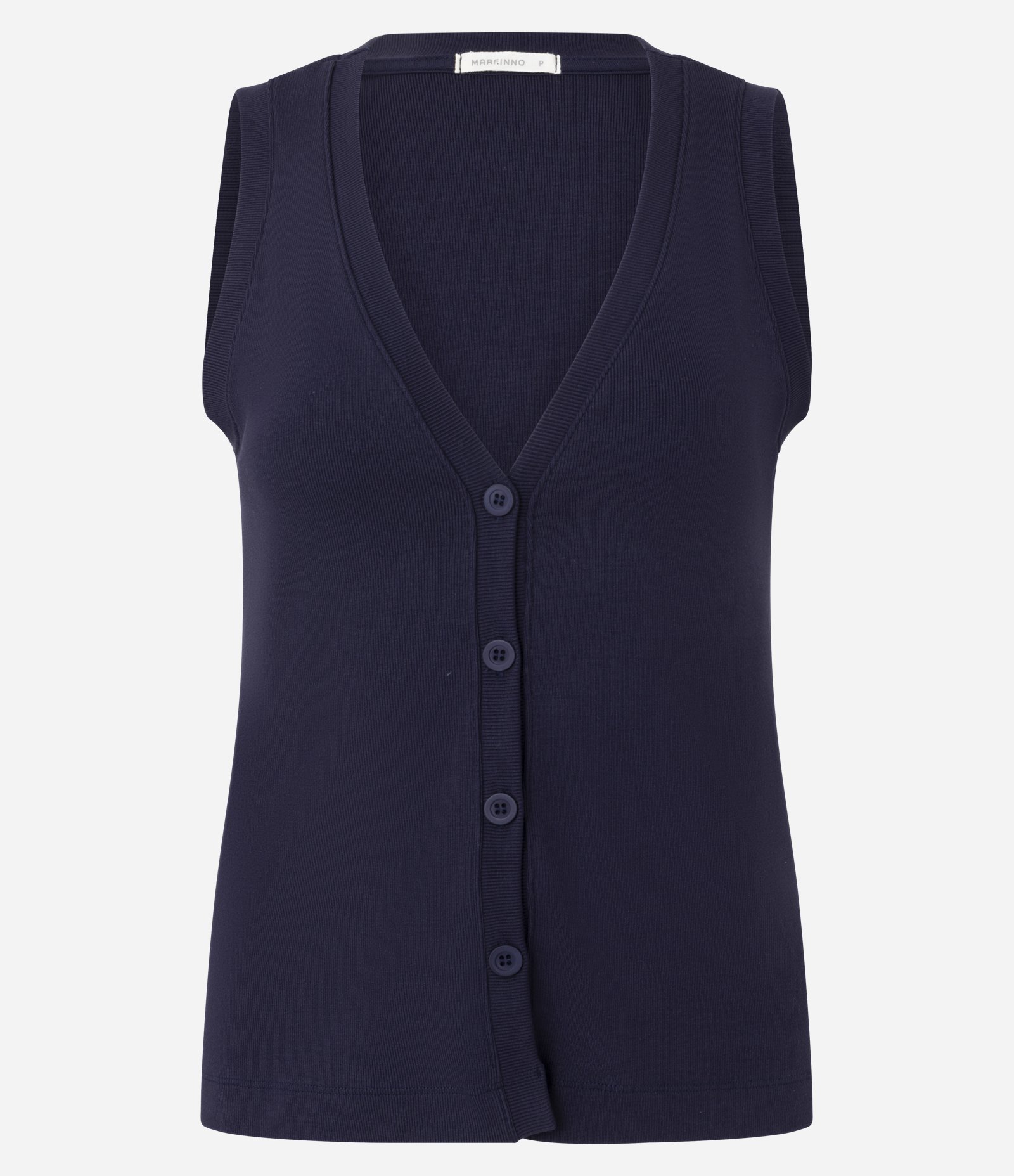 Blusa Canelada em Ribana com Decote V e Botões Azul Escuro 6