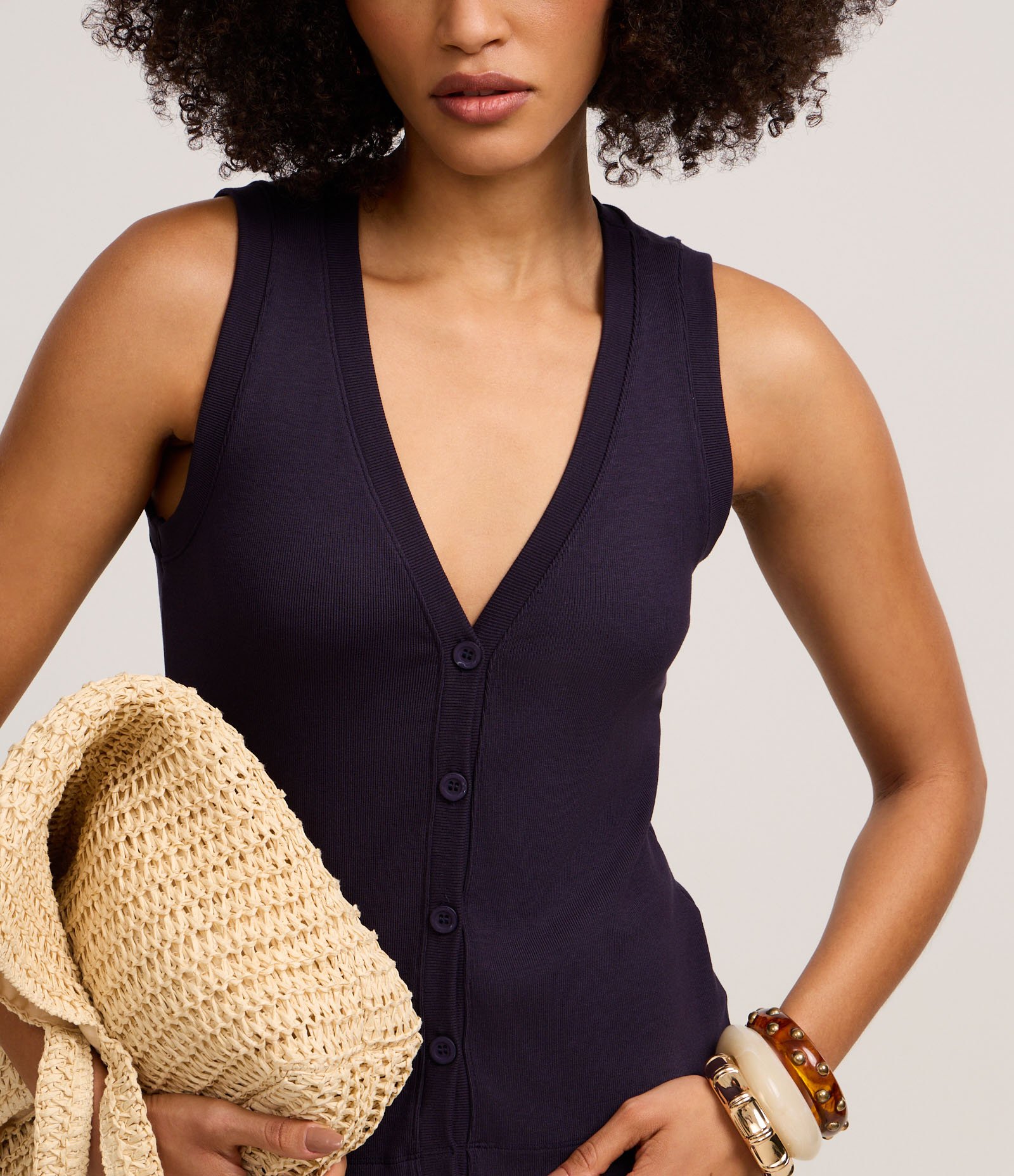 Blusa Canelada em Ribana com Decote V e Botões Azul Escuro 4