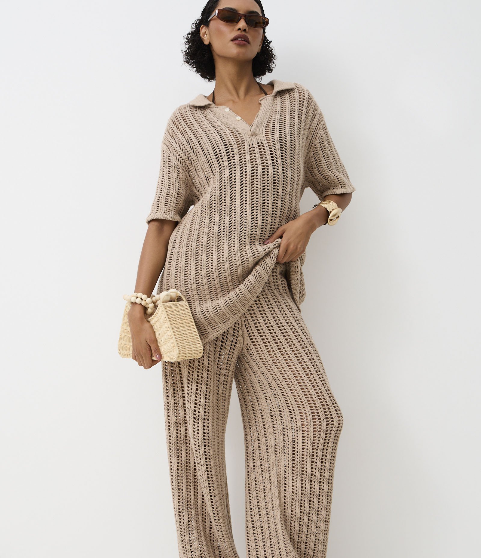 Calça em Tricô com Ponto Vazado e Puxadores Marrom 3