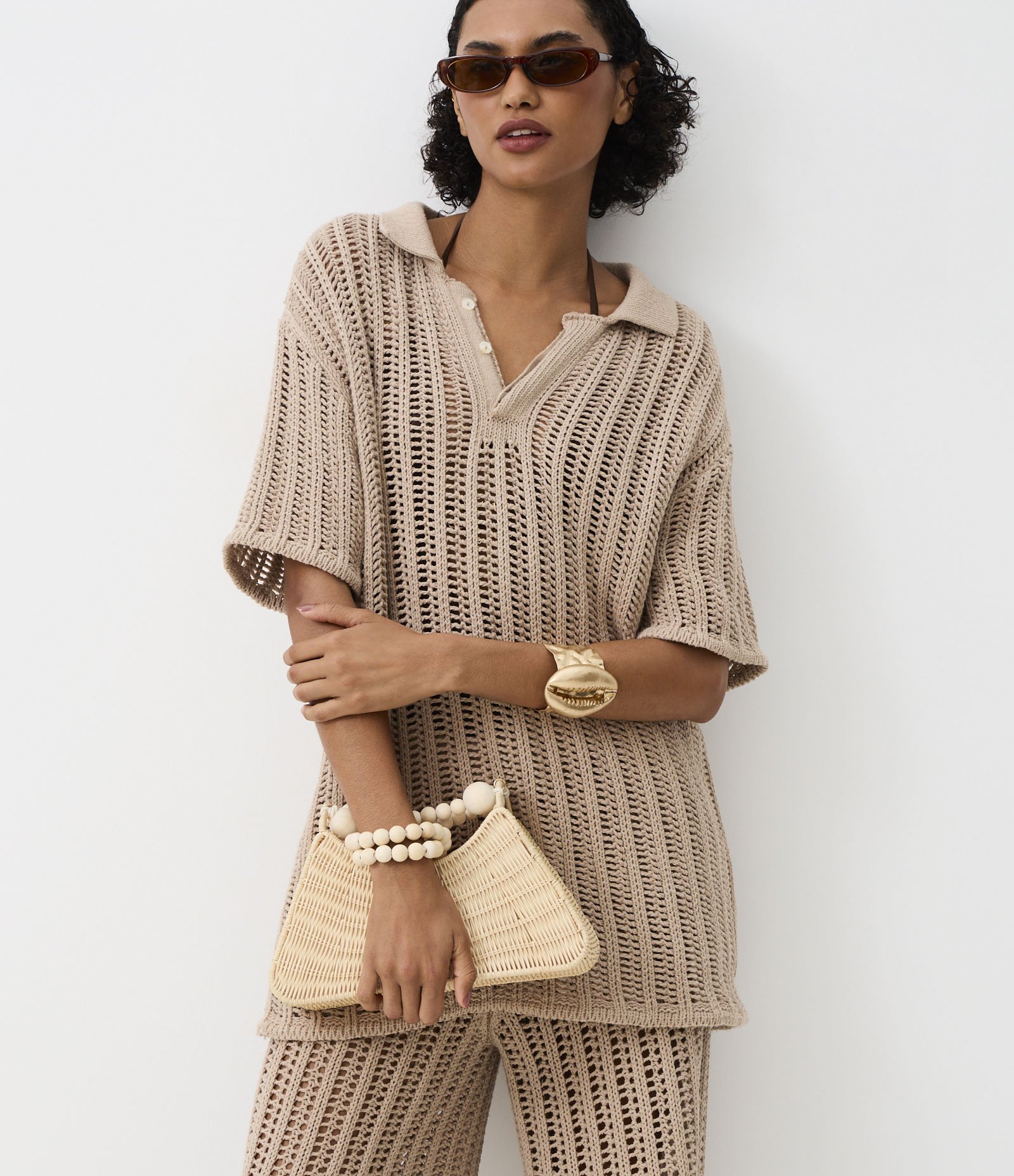 Camisa em Tricô com Ponto Vazado de Efeito Crochê Bege 2