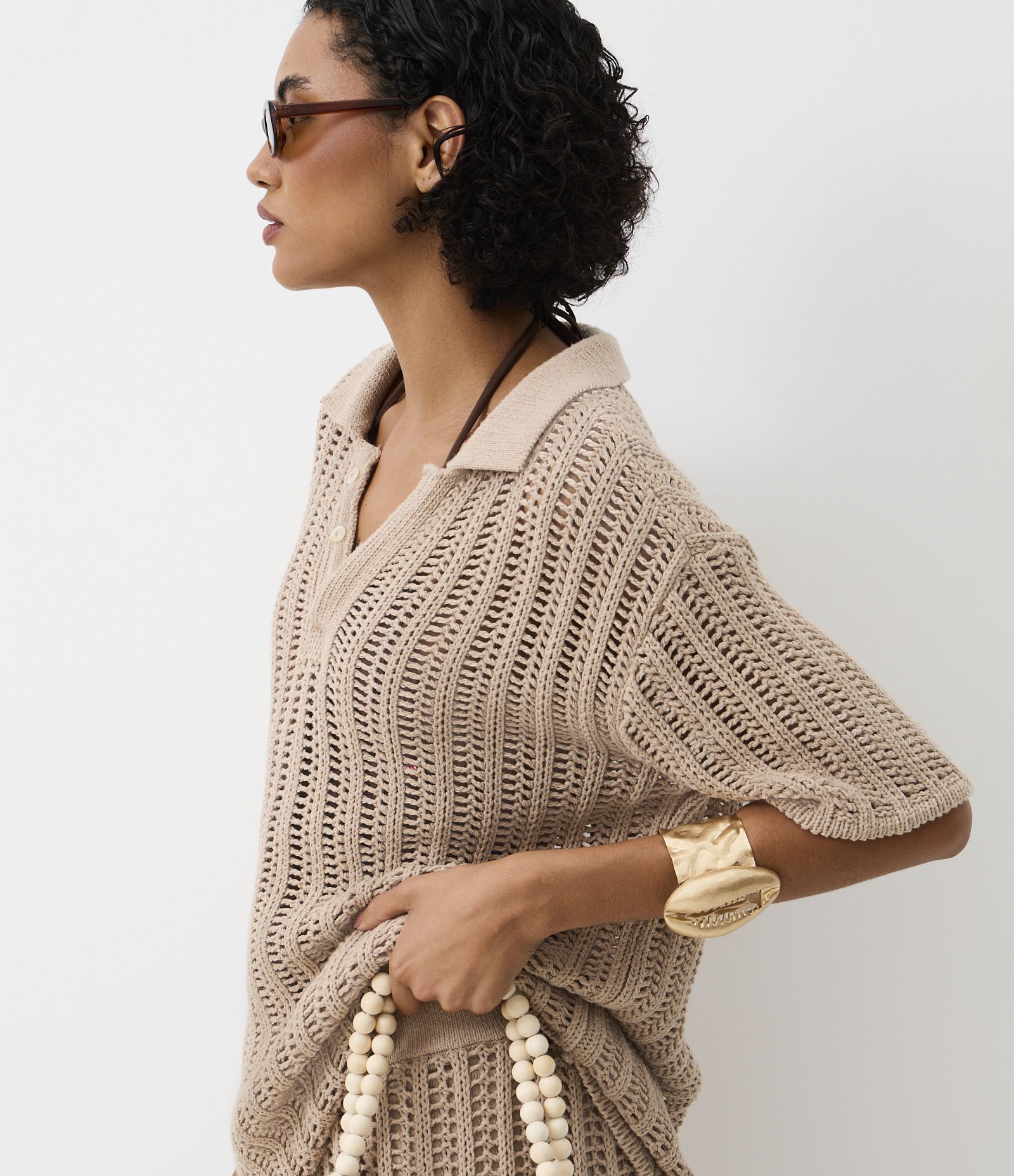 Camisa em Tricô com Ponto Vazado de Efeito Crochê Bege 4