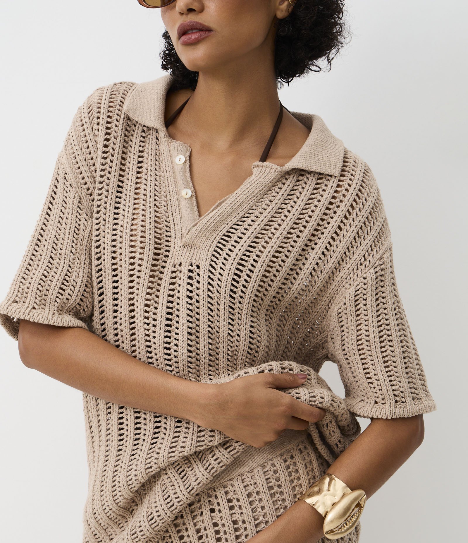 Camisa em Tricô com Ponto Vazado de Efeito Crochê Bege 5