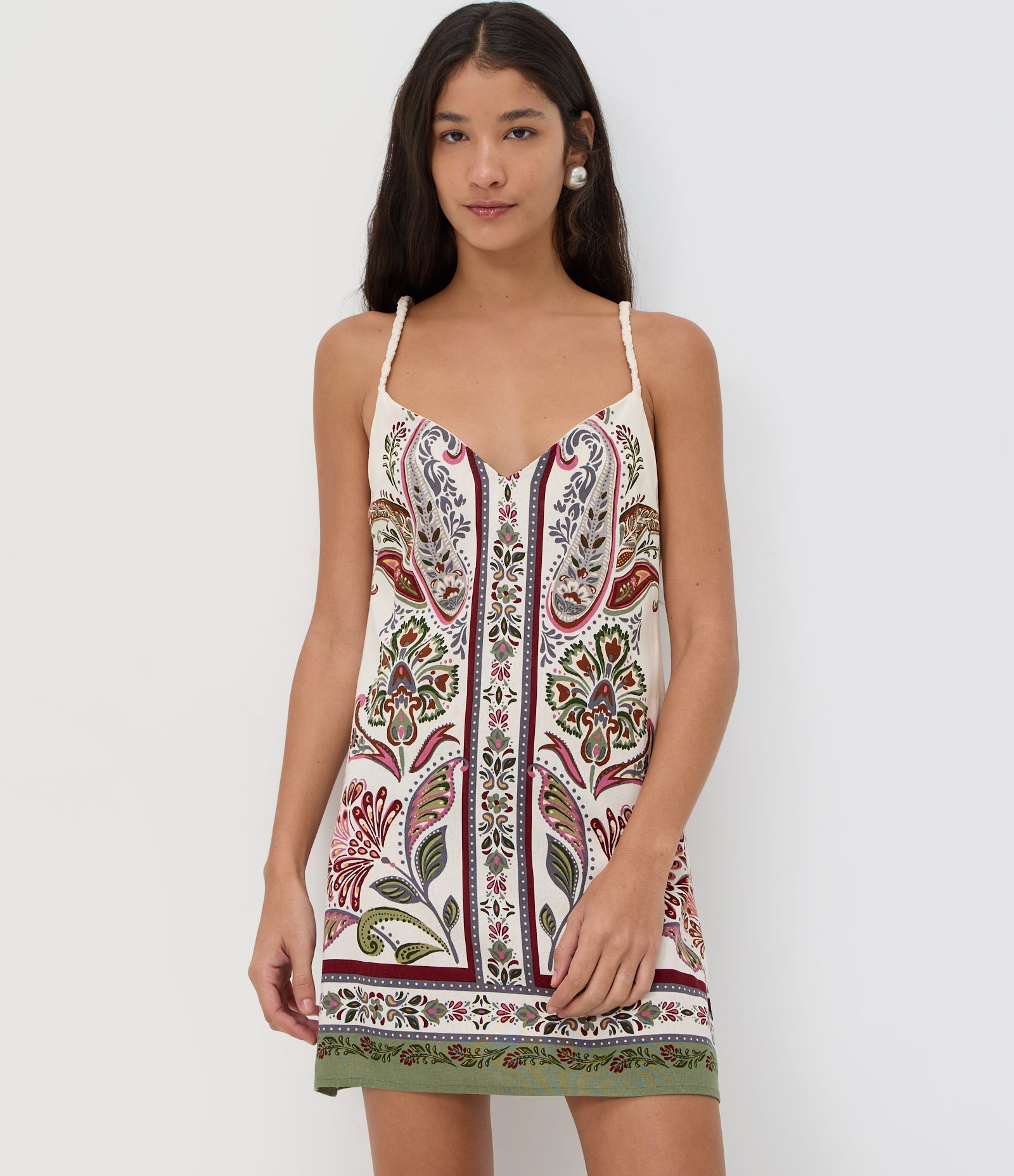 Vestido Estampado com Linho e Alça Fina com Ajuste Multicores 2
