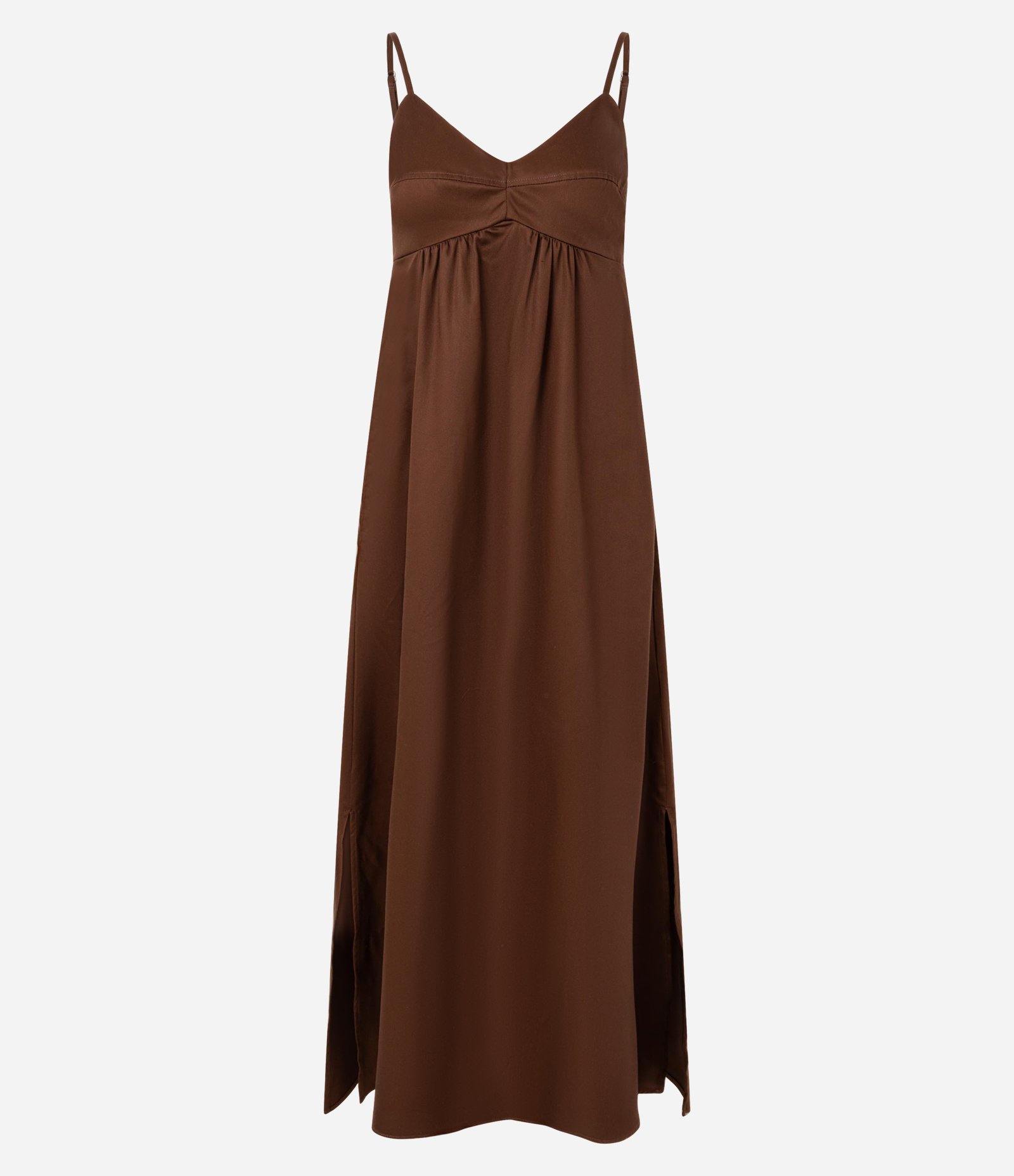 Vestido Evasê Midi de Alça em Liocel com Fendas Marrom 1