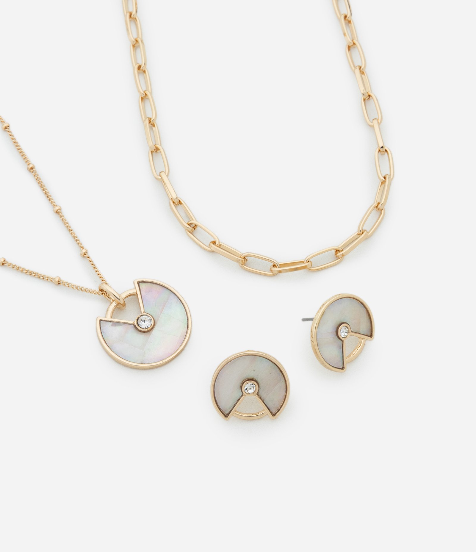 Conjunto Colar Camadas e Brincos com Aplicação Central Brilhante Dourado 1