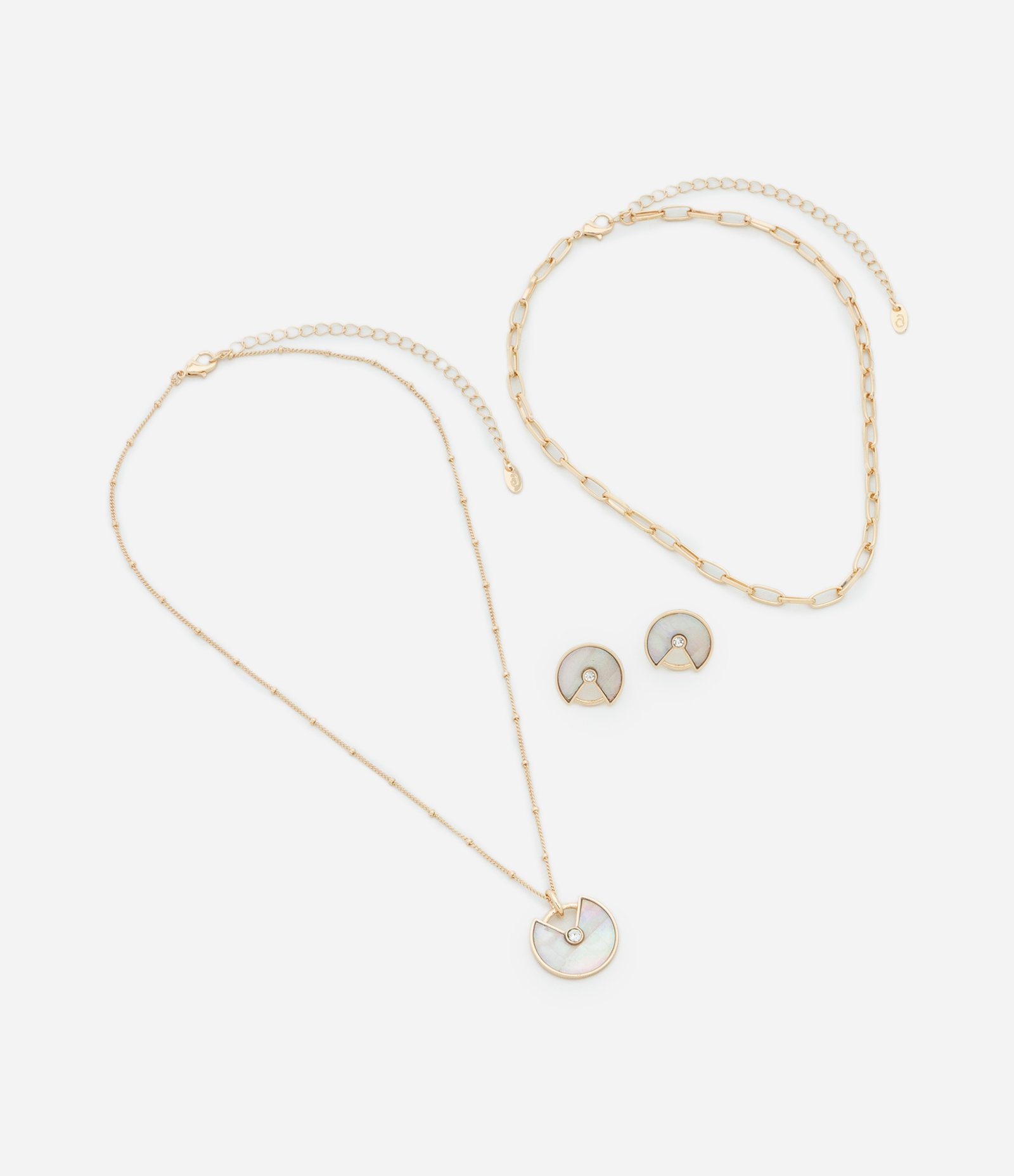 Conjunto Colar Camadas e Brincos com Aplicação Central Brilhante Dourado 2