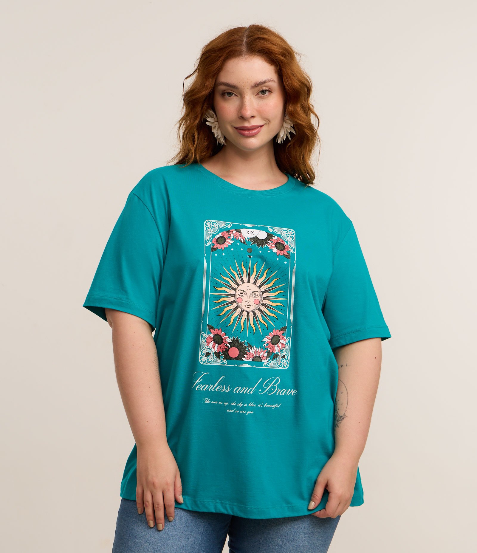 Camiseta Alongada em Algodão com Estampa Sol Curve & Plus Size Verde 1