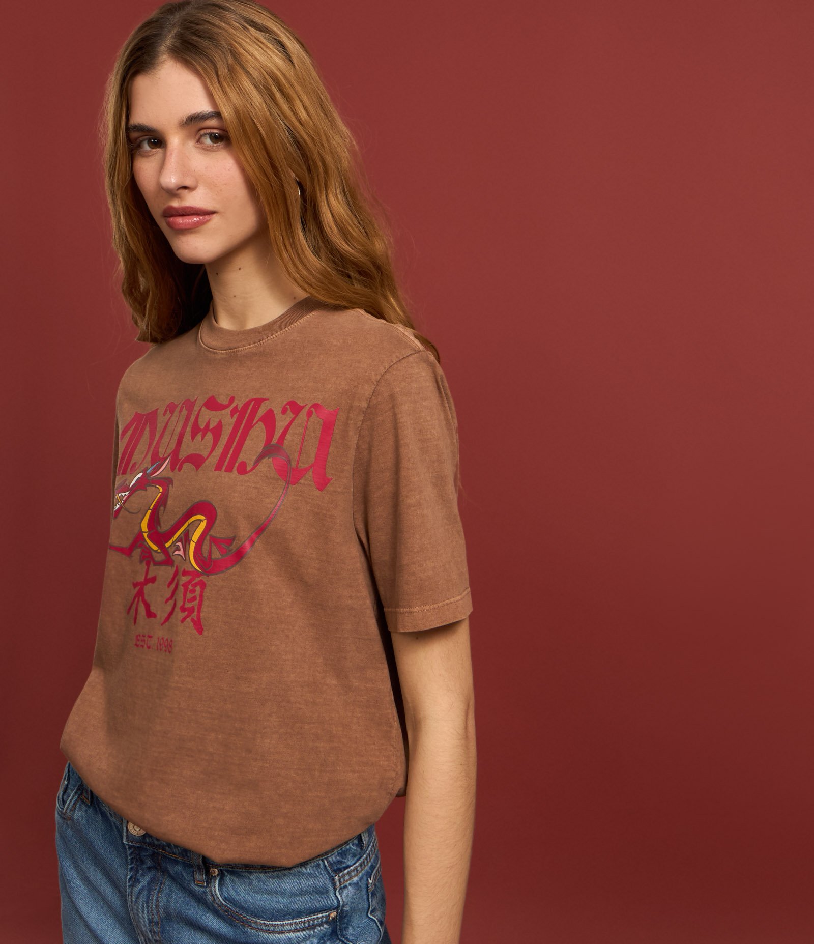 Camiseta T-shirt em Algodão com Estampa Mushu de Mulan Marrom 5