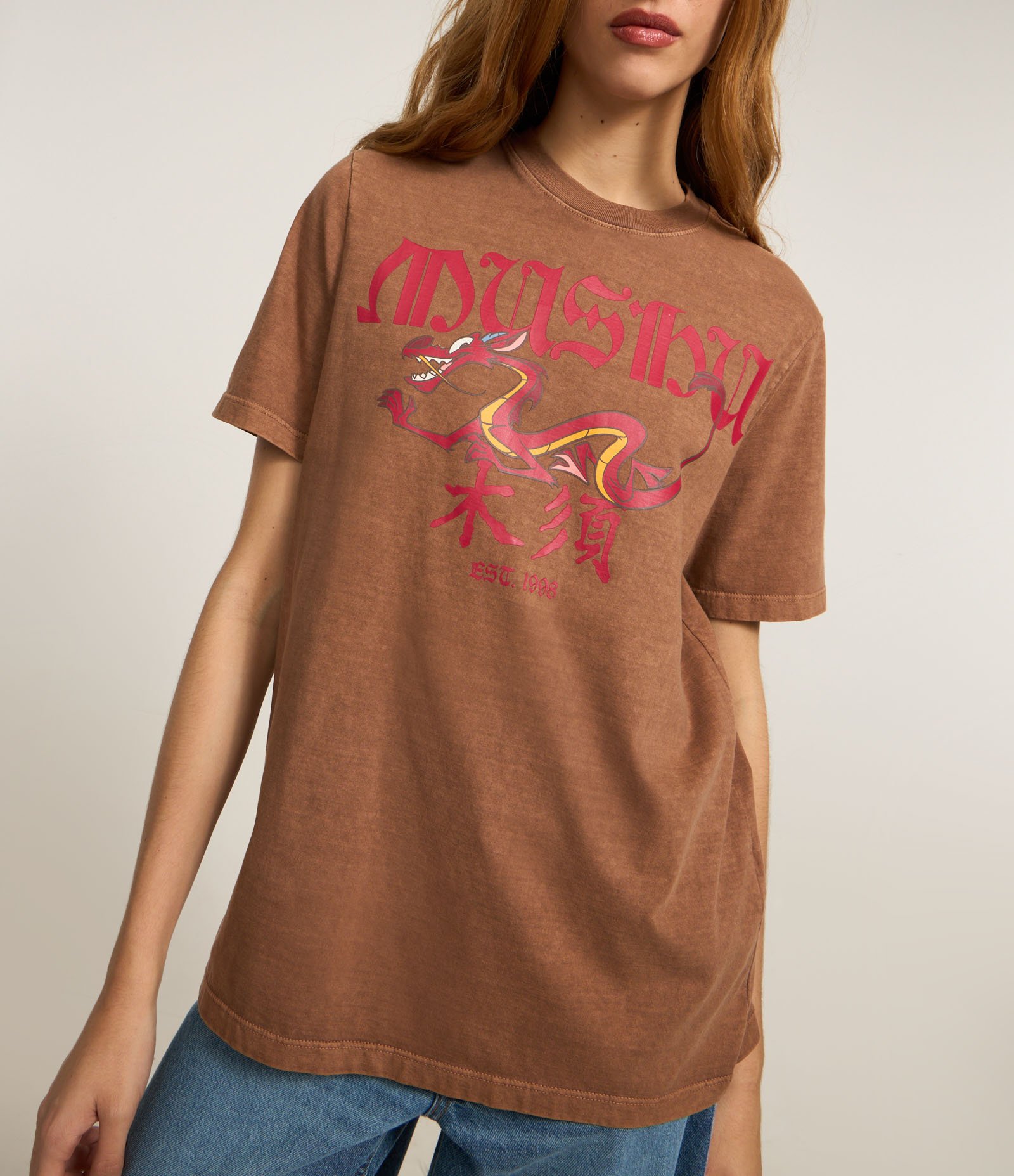 Camiseta T-shirt em Algodão com Estampa Mushu de Mulan Marrom 4