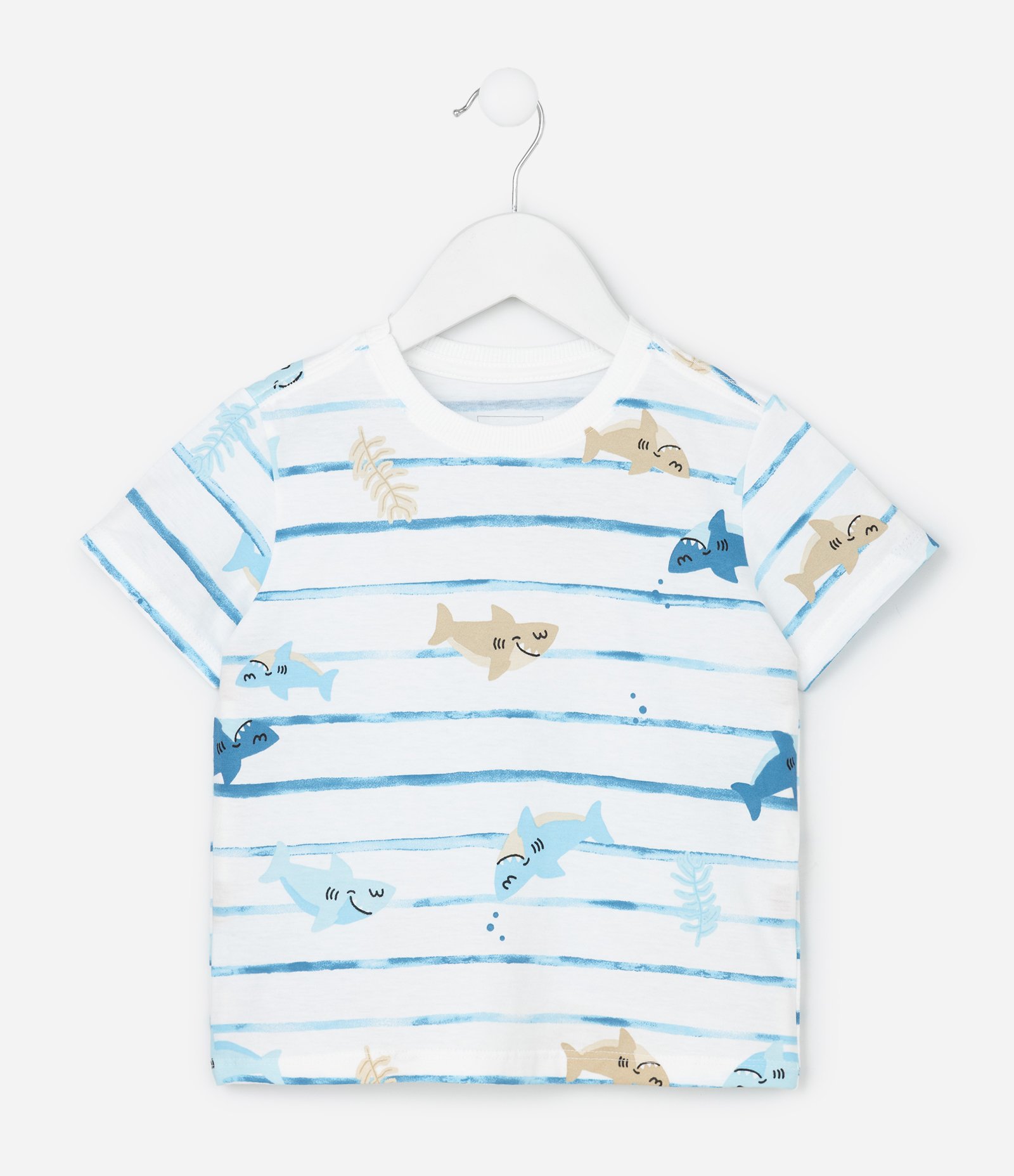 Camiseta Infantil com Estampa de Listras Fundo do Mar - Tam 1 a 6 Anos Branco/Azul 2